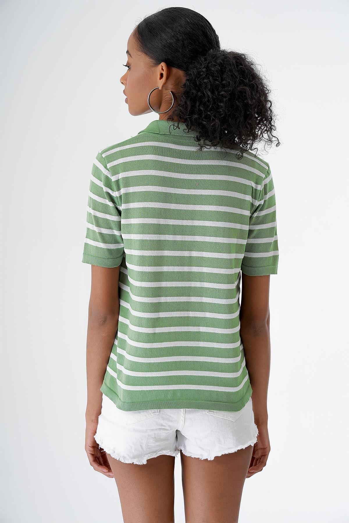 Chuba Kadın Polo Yaka Kısa Kollu Çizgili Triko T-Shirt Yeşil-Beyaz 24S157