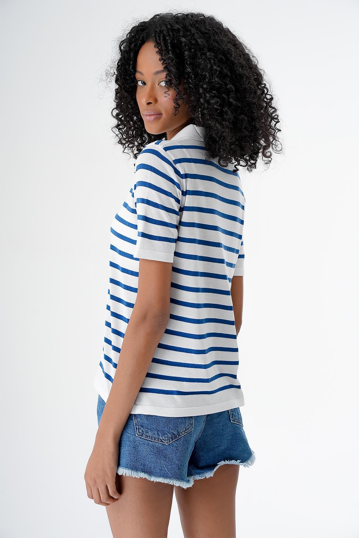 Chuba Kadın Polo Yaka Kısa Kollu Çizgili Triko T-Shirt Beyaz-Navy 24S157