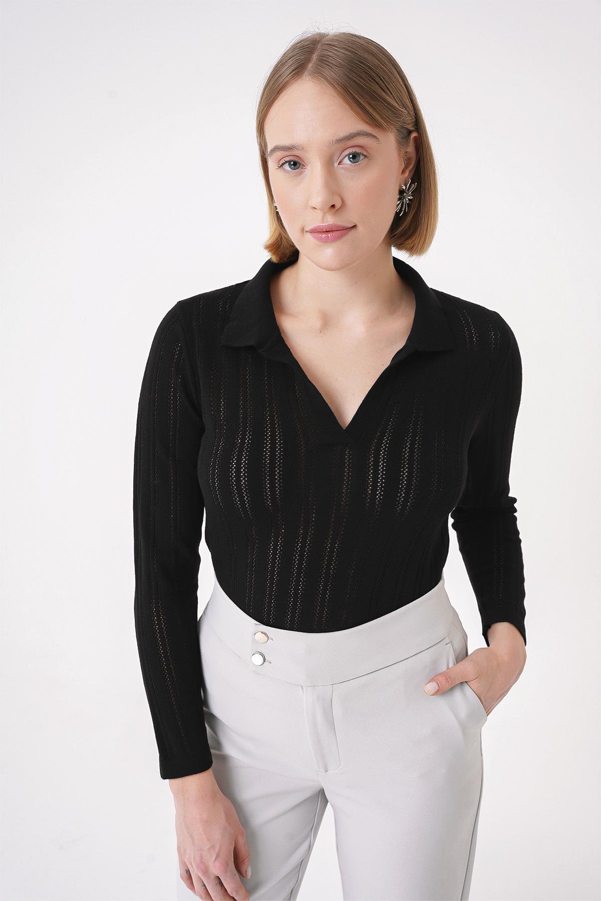 Chuba Kadın Polo Yaka Örgü Detaylı Regular Fit Triko Kazak Siyah 25W3004