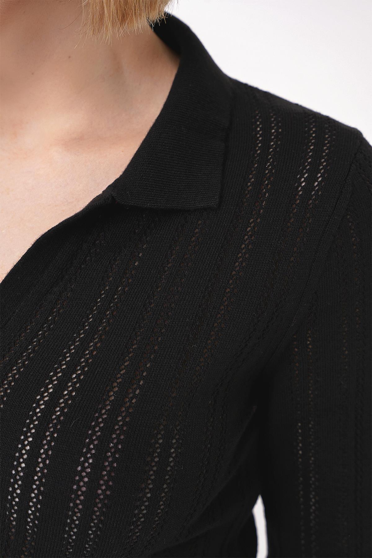 Chuba Kadın Polo Yaka Örgü Detaylı Regular Fit Triko Kazak Siyah 25W3004
