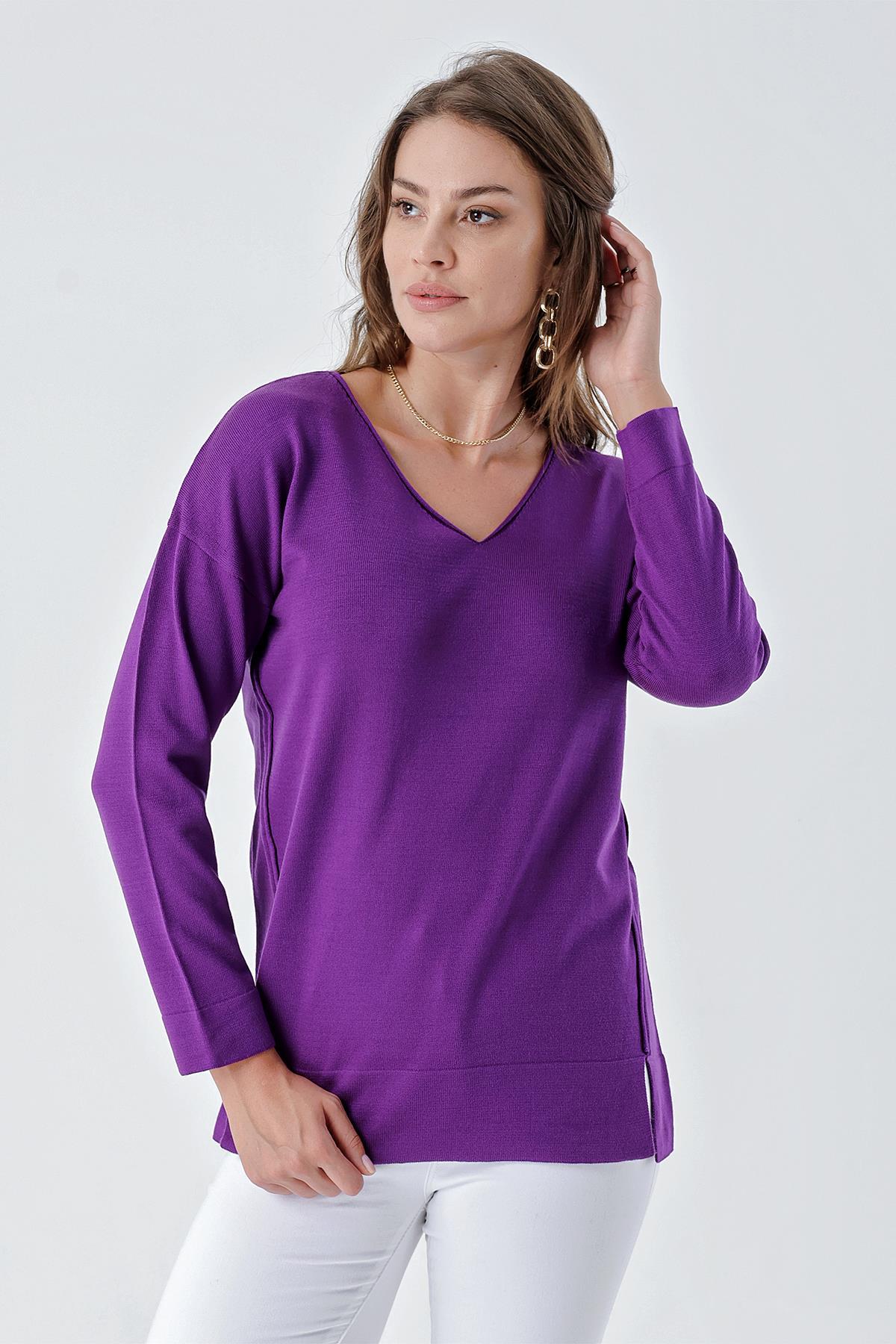 Chuba Kadın Rahat Kalıp Verev Dikiş Detaylı V Yaka Triko Kazak Mor 24W117