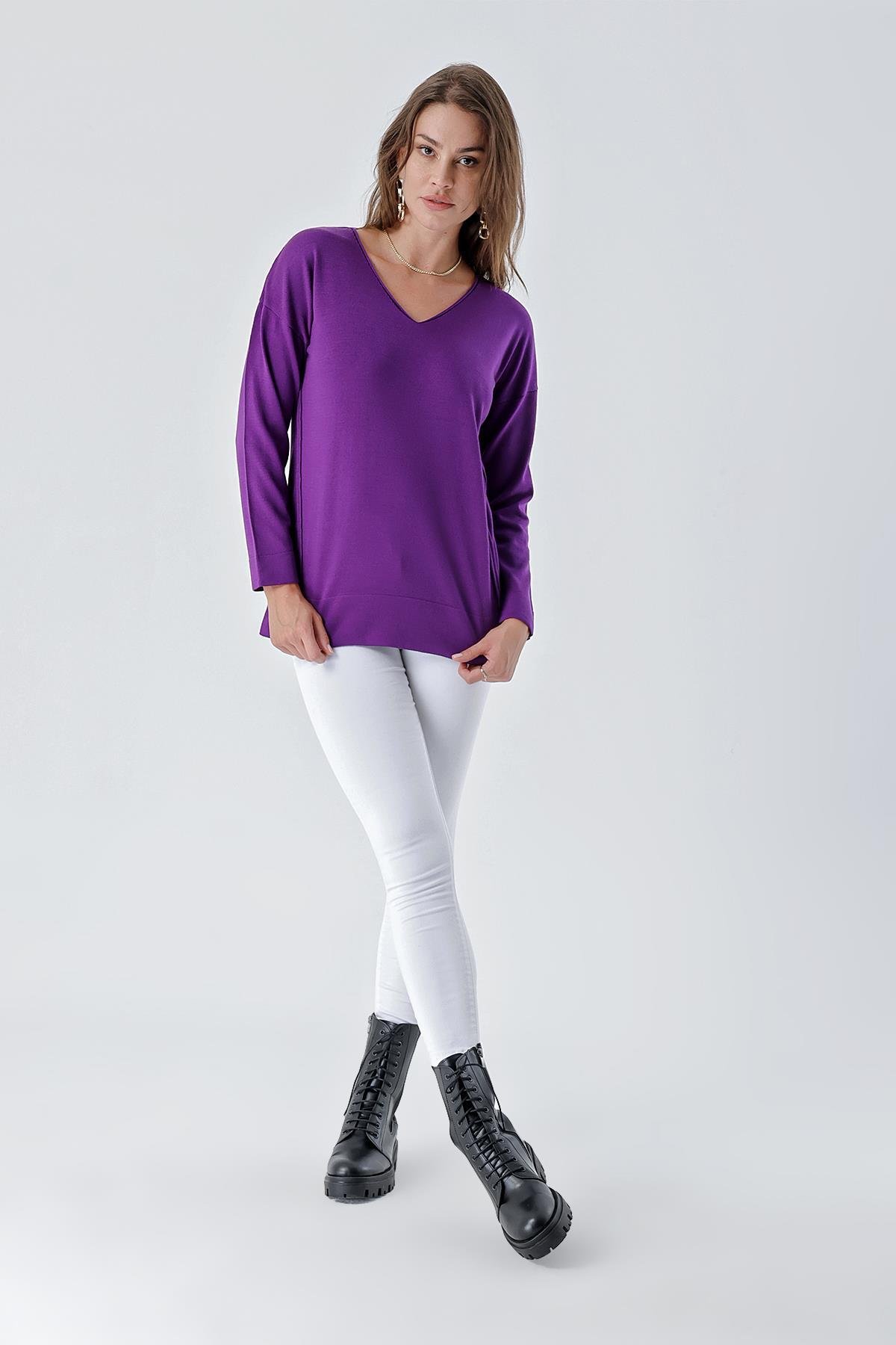 Chuba Kadın Rahat Kalıp Verev Dikiş Detaylı V Yaka Triko Kazak Mor 24W117