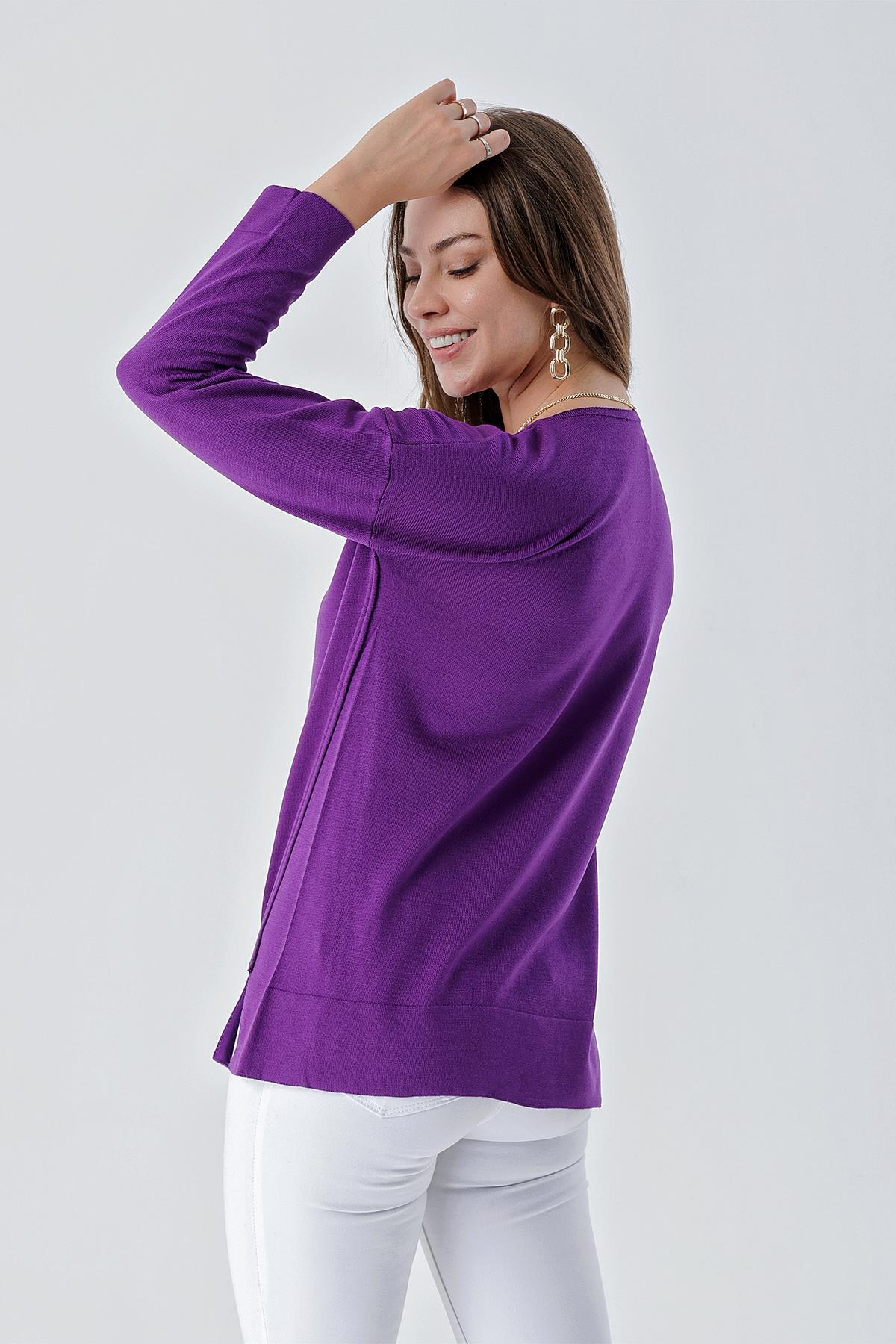 Chuba Kadın Rahat Kalıp Verev Dikiş Detaylı V Yaka Triko Kazak Mor 24W117