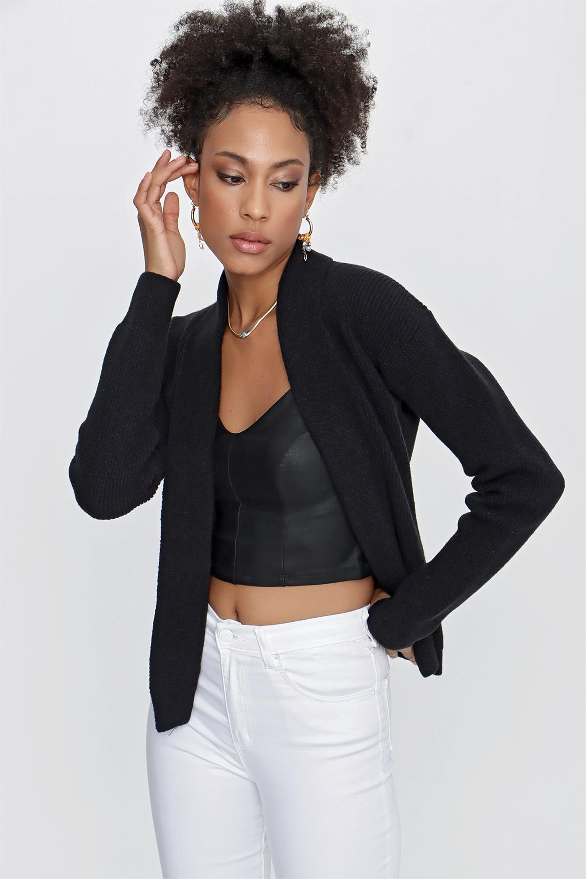 CHUBA Kadın Şal Yaka Melanj Triko Hırka Siyah 23W319