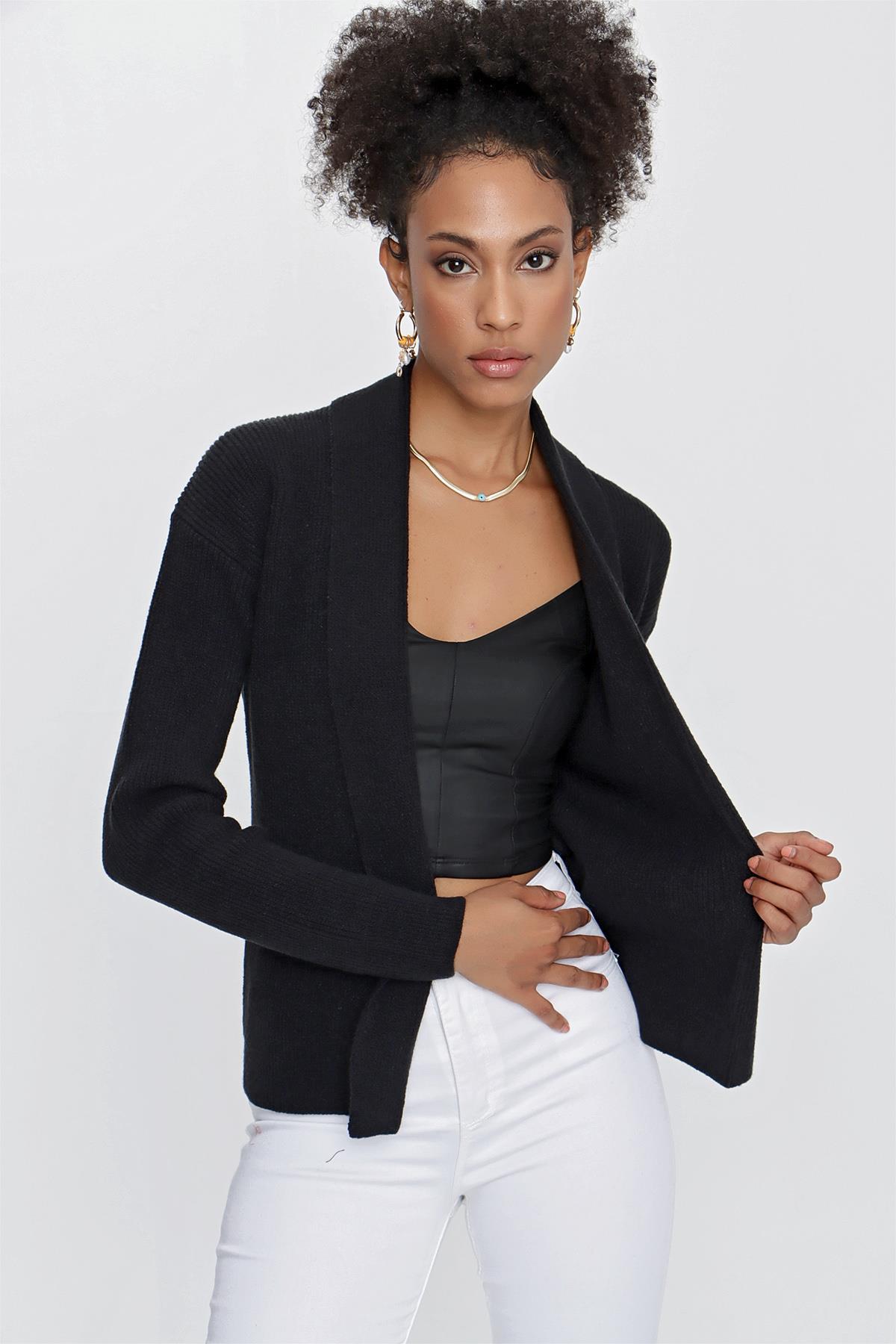 CHUBA Kadın Şal Yaka Melanj Triko Hırka Siyah 23W319