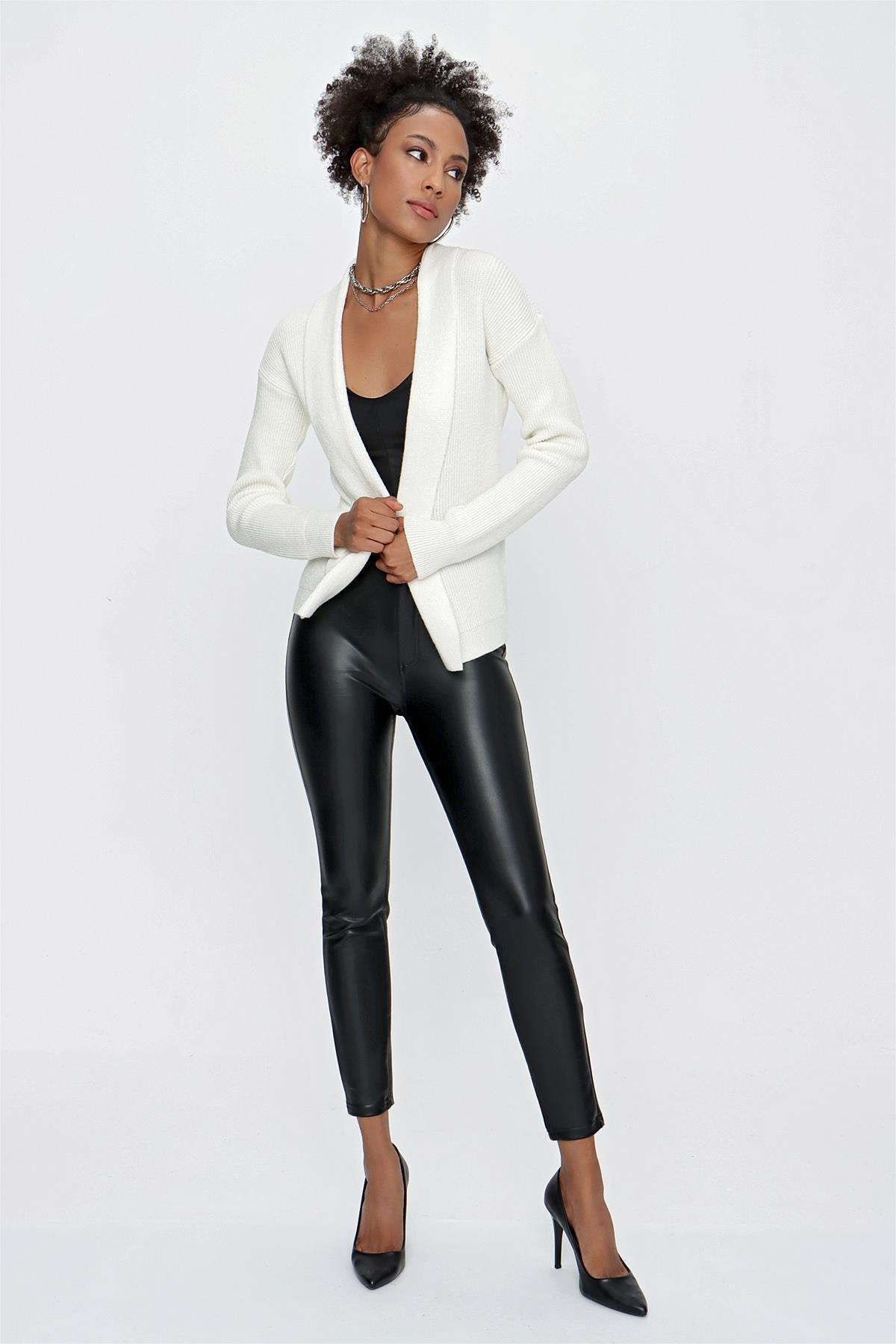 CHUBA Kadın Şal Yaka Melanj Triko Hırka Ekru 23W319