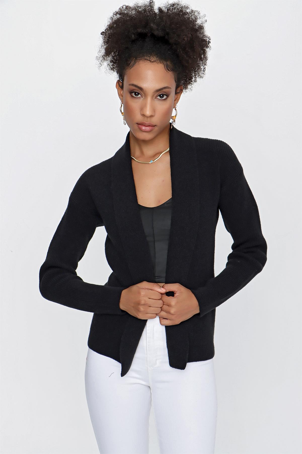 CHUBA Kadın Şal Yaka Melanj Triko Hırka Siyah 23W319