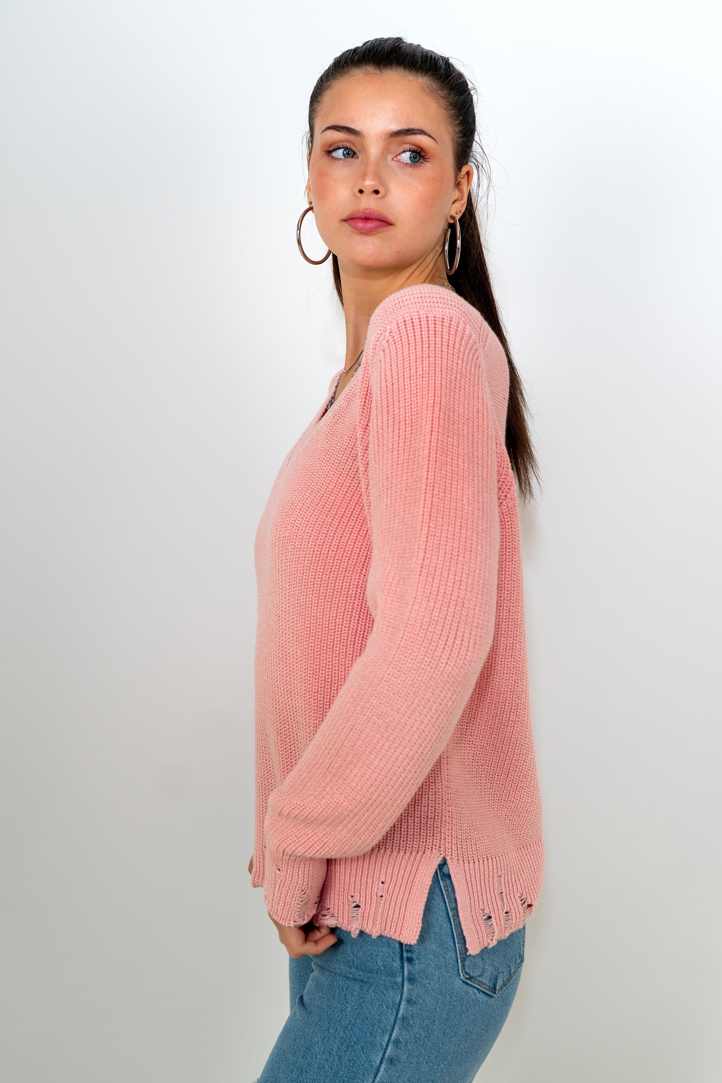 Chuba Kadın Selanik Örgü Pamuklu V Yaka Triko Kazak Pudra 24W144