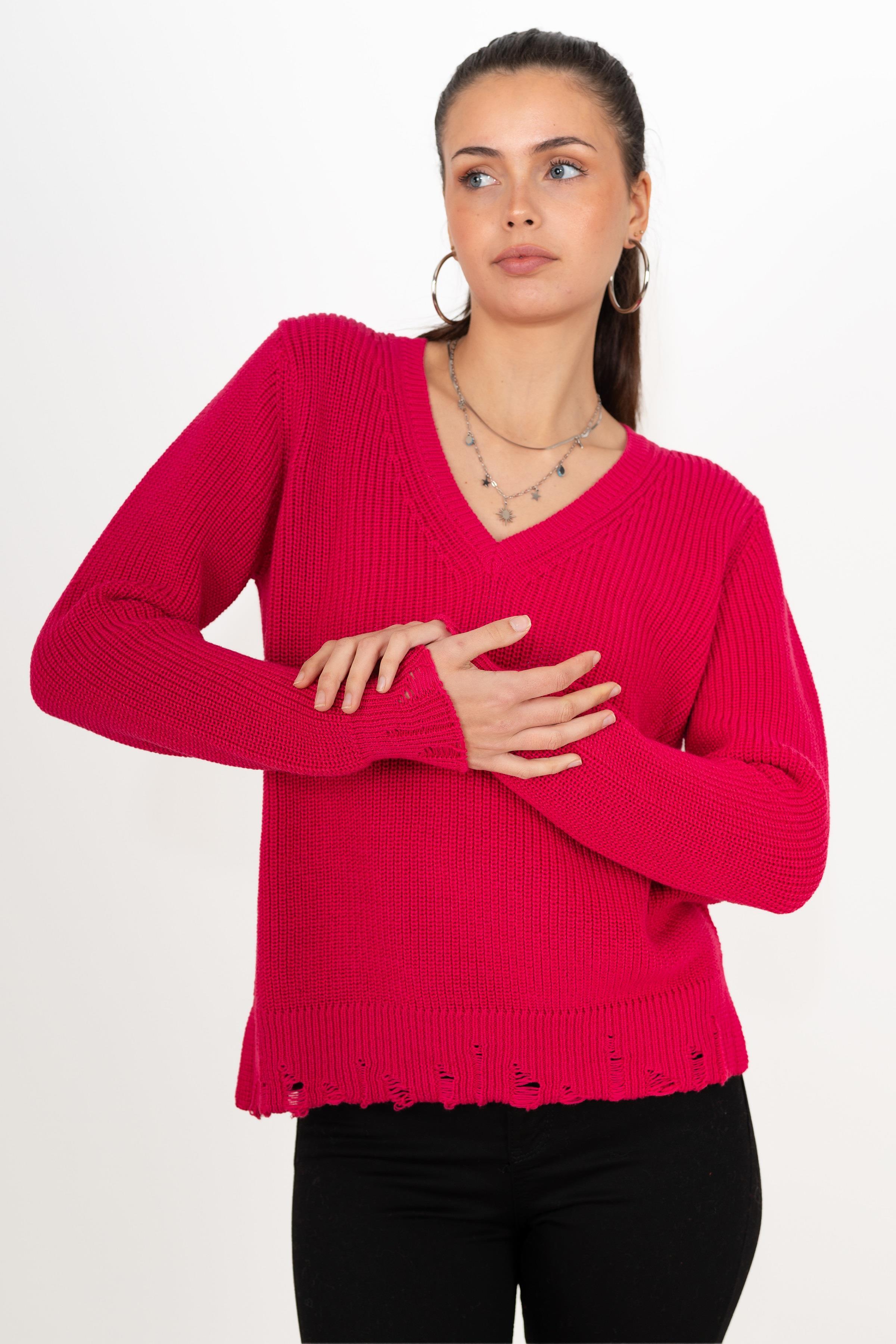 Chuba Kadın Selanik Örgü Pamuklu V Yaka Triko Kazak Fuşya 24W144