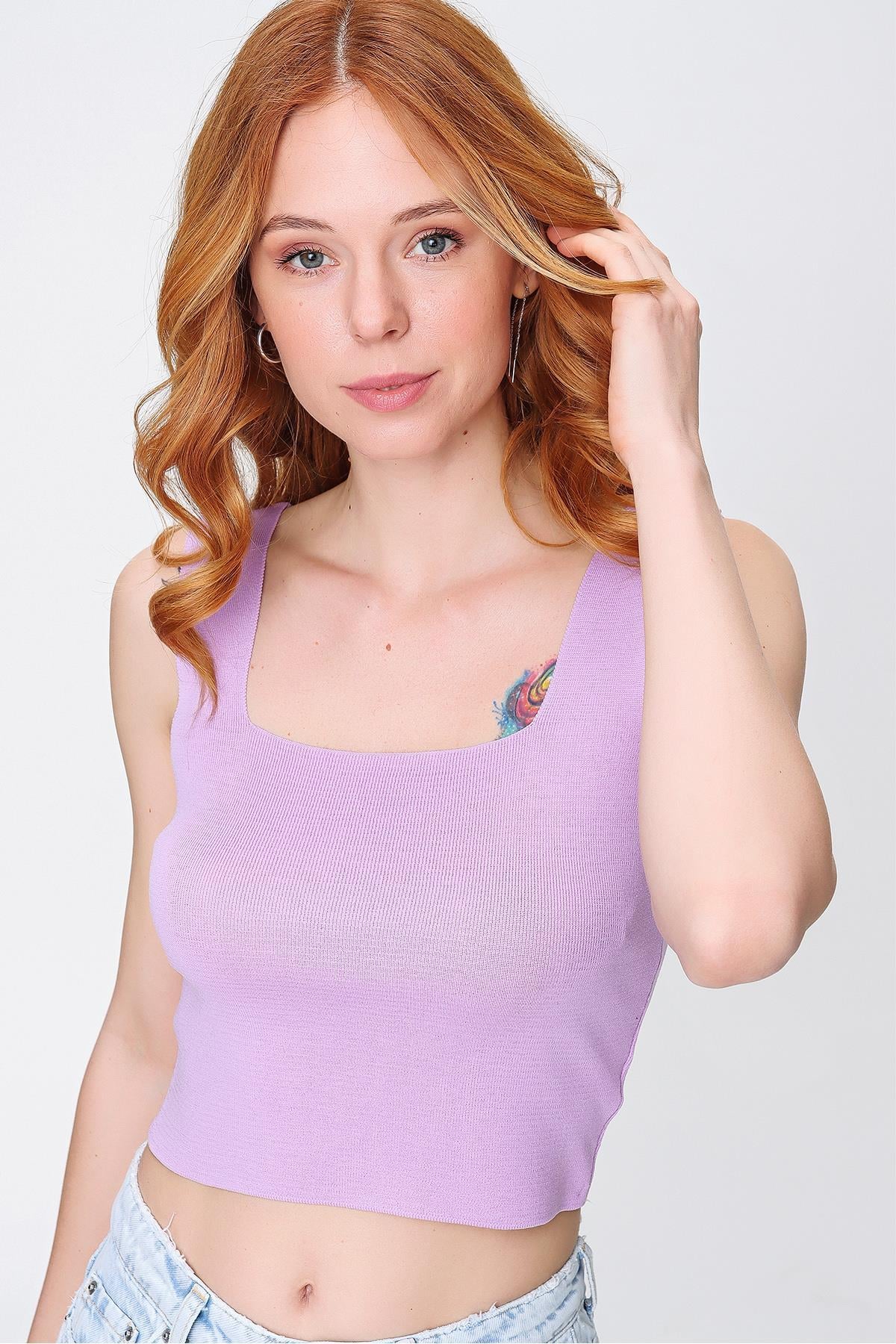 Chuba Kadın Soft Touch Kare Yaka Lila Triko Crop Atlet 21S314