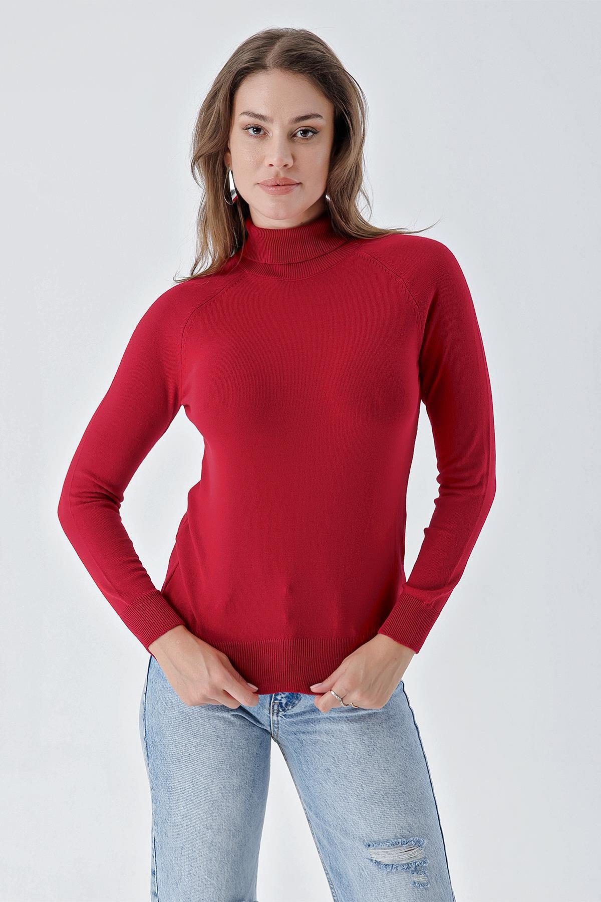 Chuba Kadın Tam Balıkçı Yaka Basic Triko Kazak Kırmızı 24W102