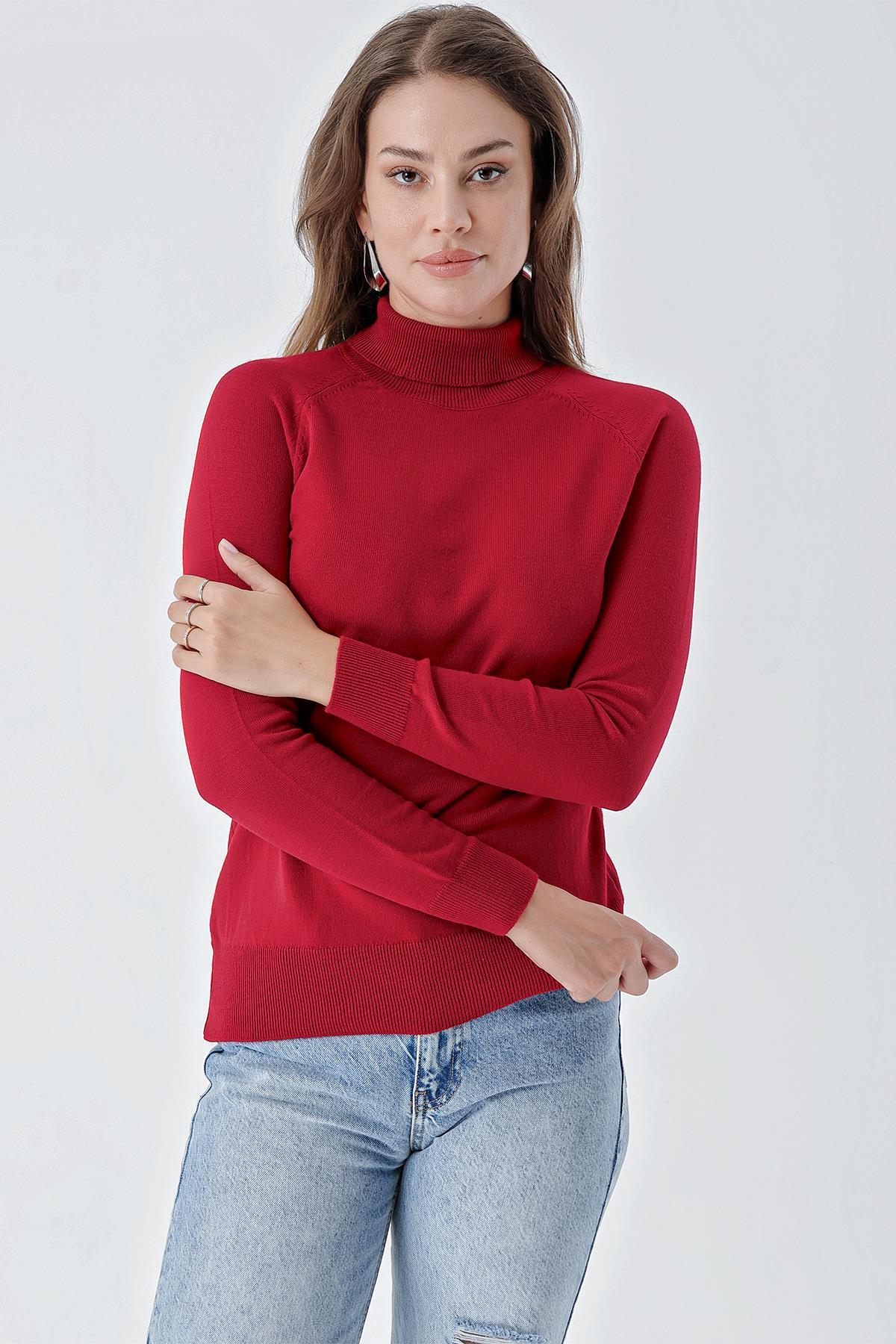 Chuba Kadın Tam Balıkçı Yaka Basic Triko Kazak Kırmızı 24W102