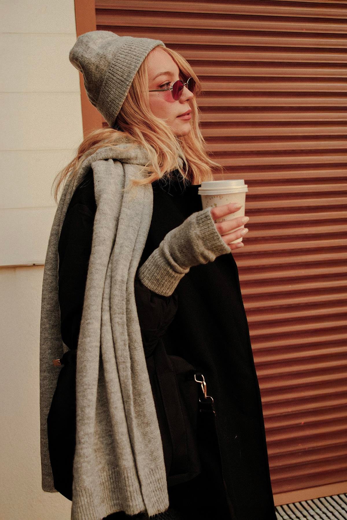 Chuba Kadın Triko Atkı & Bere & Eldiven Üçlü Takım Set Gri 26W5006