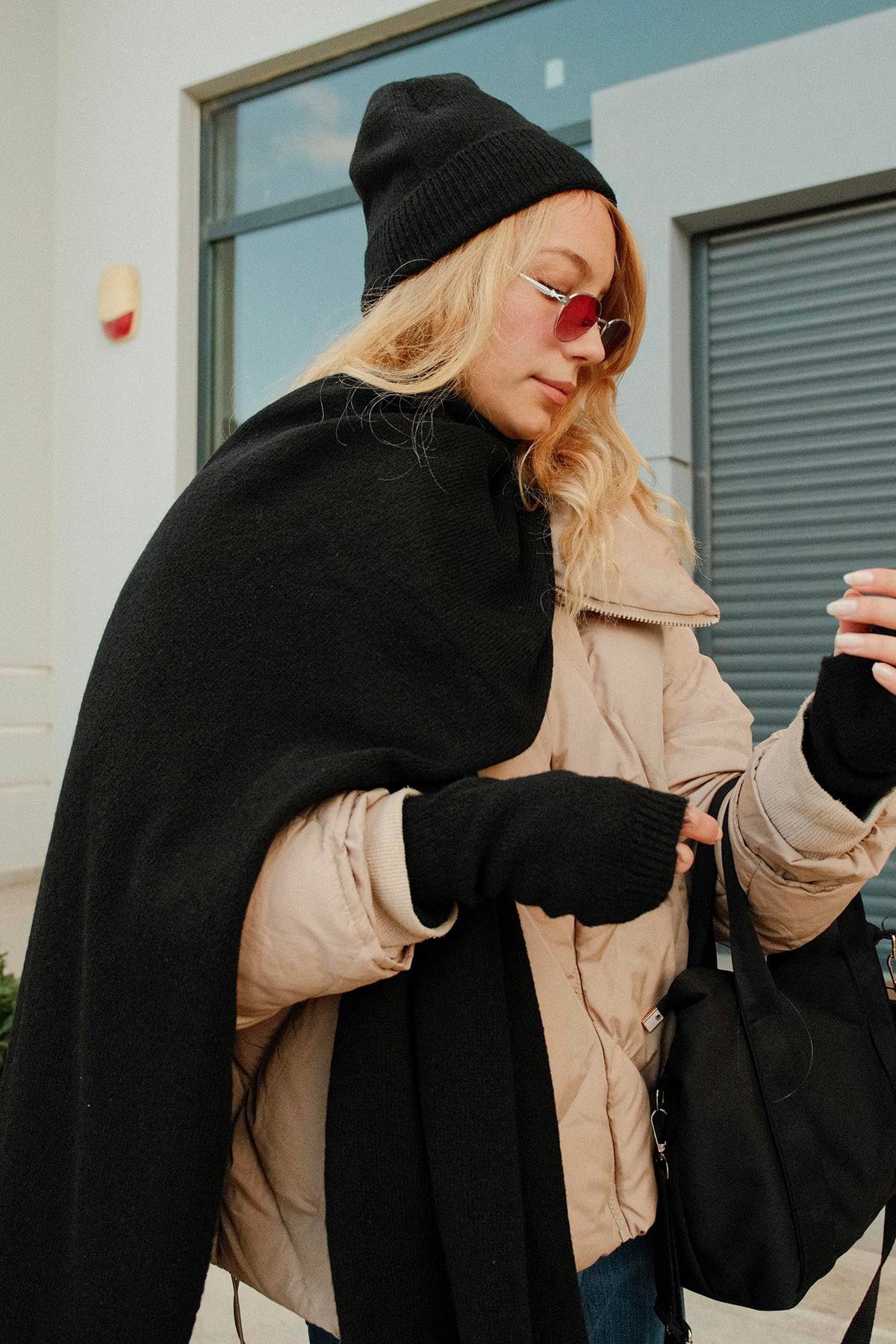 Chuba Kadın Triko Atkı & Bere & Eldiven Üçlü Takım Set Siyah 26W5006