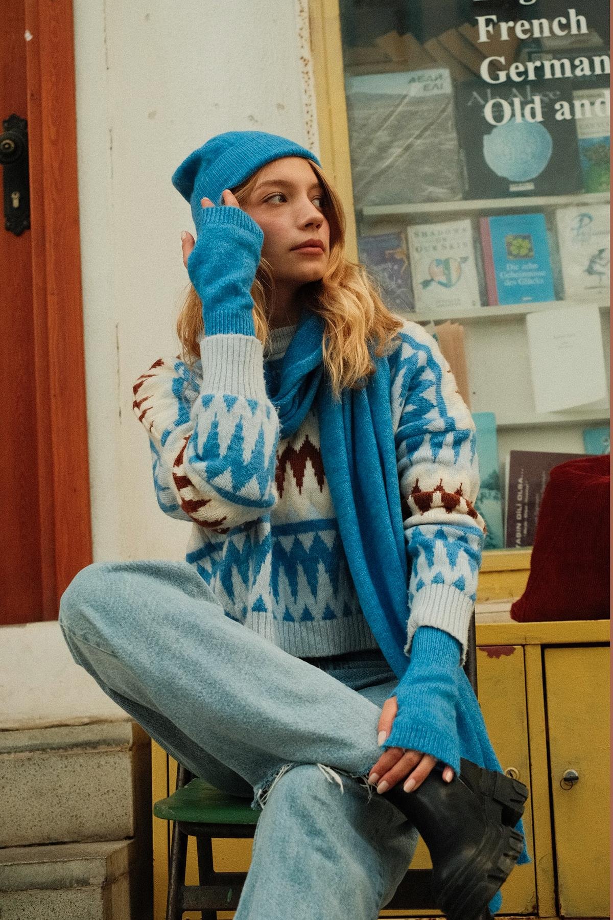 Chuba Kadın Triko Atkı & Bere & Eldiven Üçlü Takım Set Mavi 26W5006