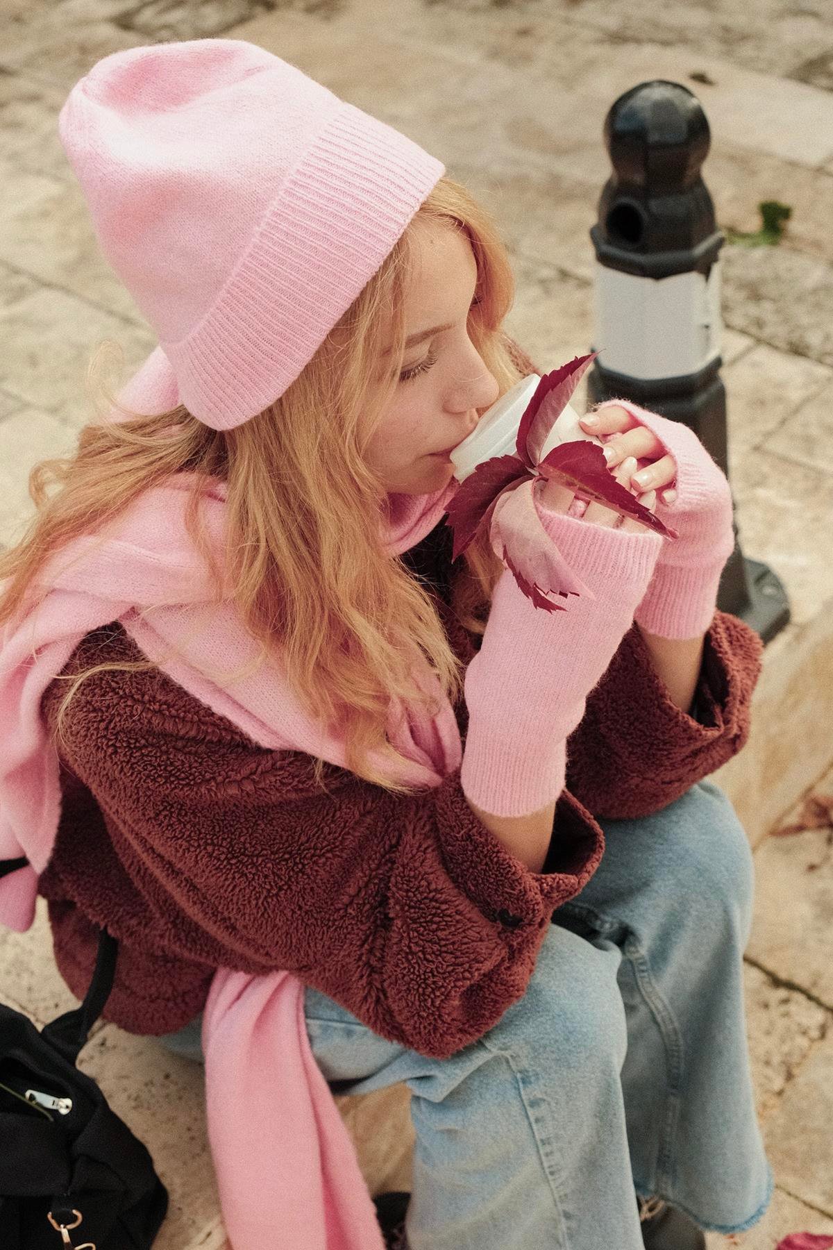 Chuba Kadın Triko Atkı & Bere & Eldiven Üçlü Takım Set Pembe 26W5006