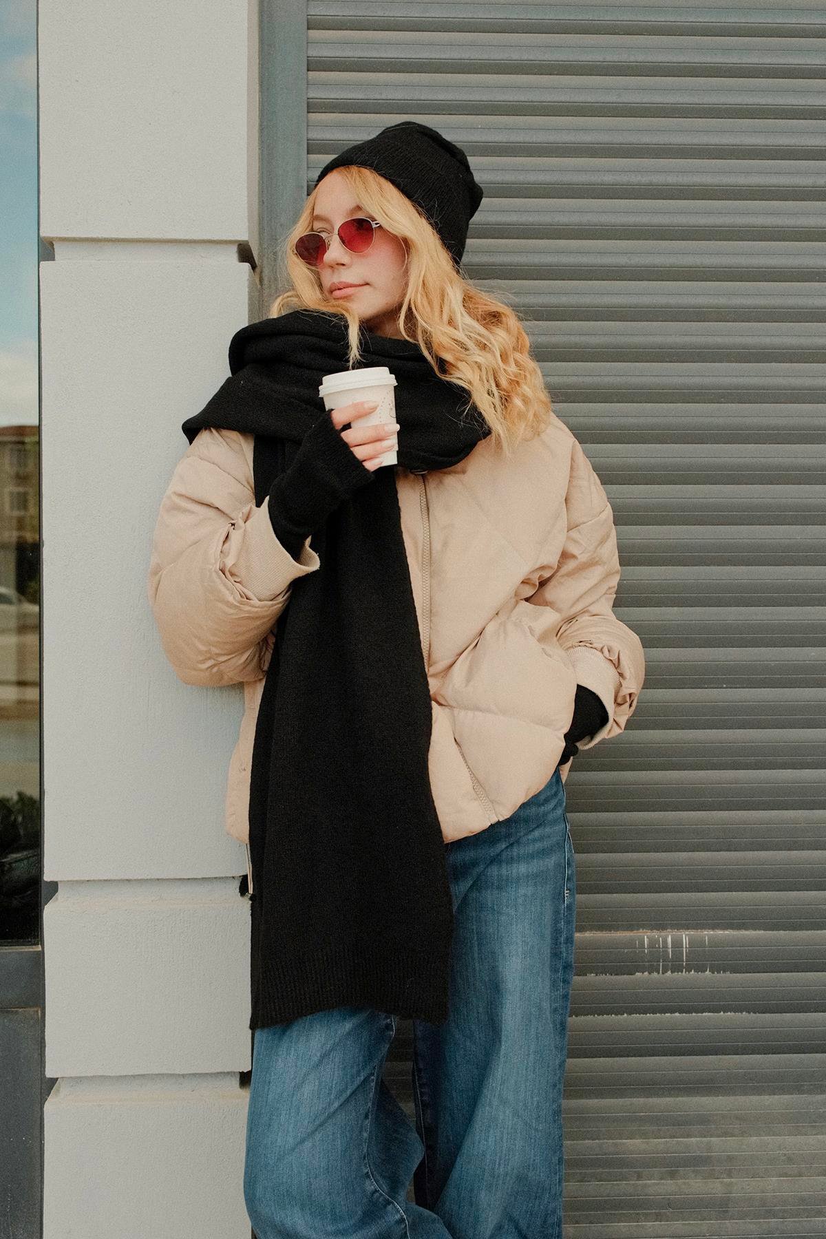 Chuba Kadın Triko Atkı & Bere & Eldiven Üçlü Takım Set Siyah 26W5006