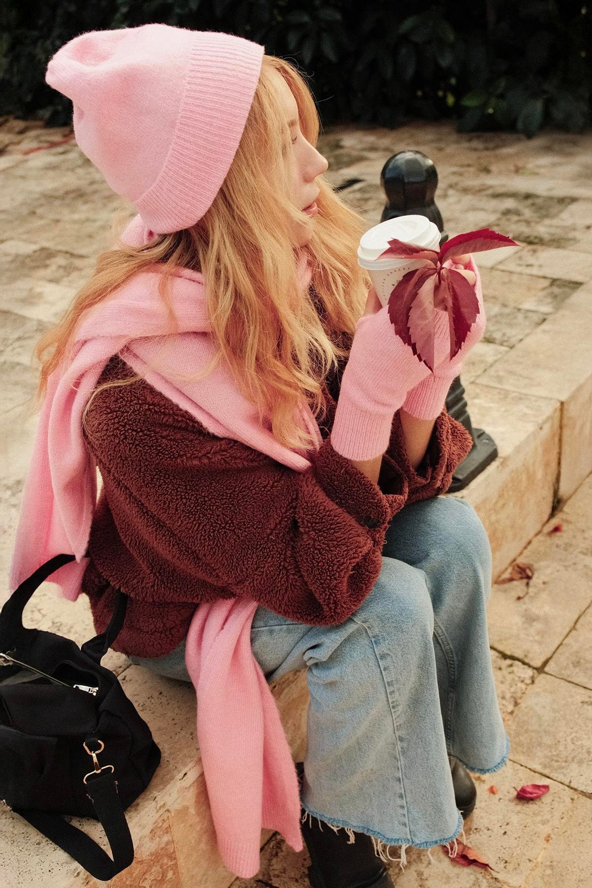 Chuba Kadın Triko Atkı & Bere & Eldiven Üçlü Takım Set Pembe 26W5006