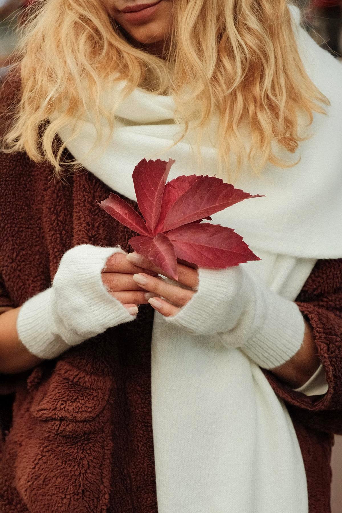 Chuba Kadın Triko Atkı & Bere & Eldiven Üçlü Takım Set Beyaz 26W5006