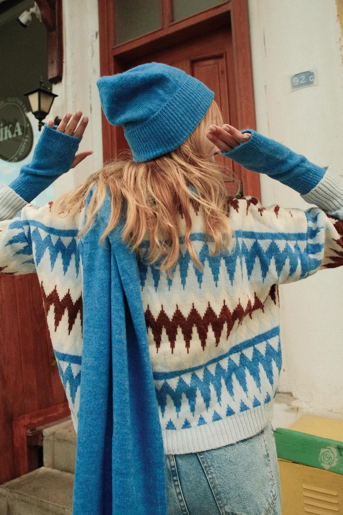 Chuba Kadın Triko Atkı & Bere & Eldiven Üçlü Takım Set Mavi 26W5006