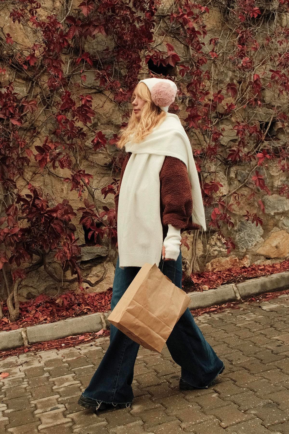 Chuba Kadın Triko Atkı & Bere & Eldiven Üçlü Takım Set Beyaz 26W5006