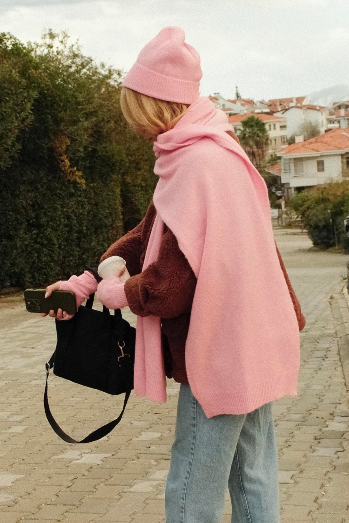 Chuba Kadın Triko Atkı & Bere & Eldiven Üçlü Takım Set Pembe 26W5006