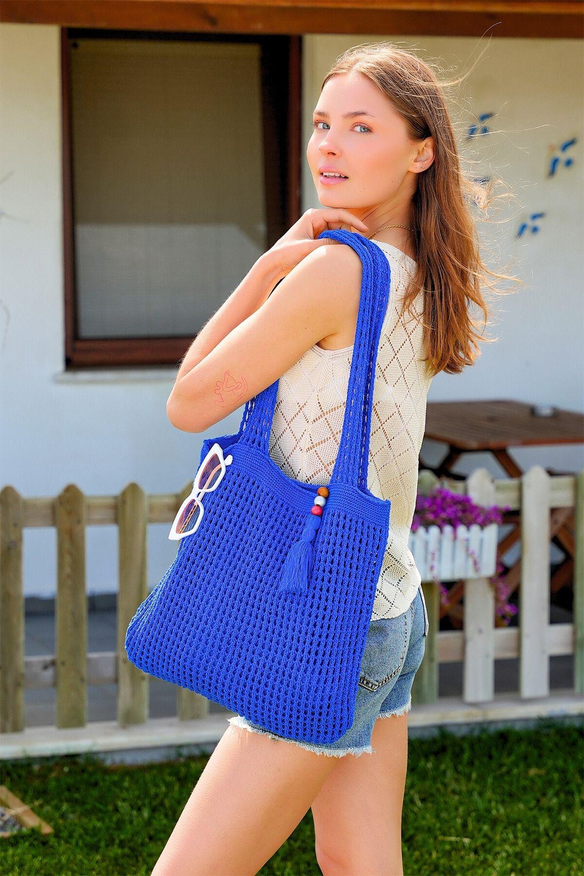 Chuba Kadın Triko Örgü Omuz Askılı Astarlı Shopper Gündelik El&Omuz Ve Plaj Çantası Saks CHAX801
