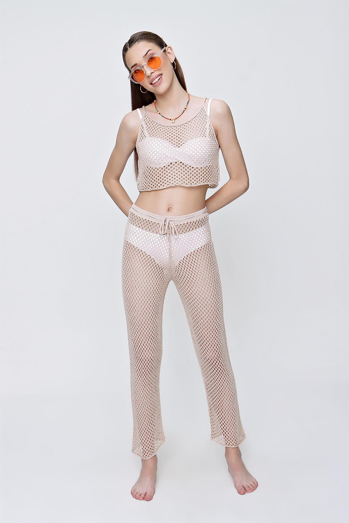 Chuba Kadın Triko Pantolon-Crop Plaj Takımı Bej 22SW361