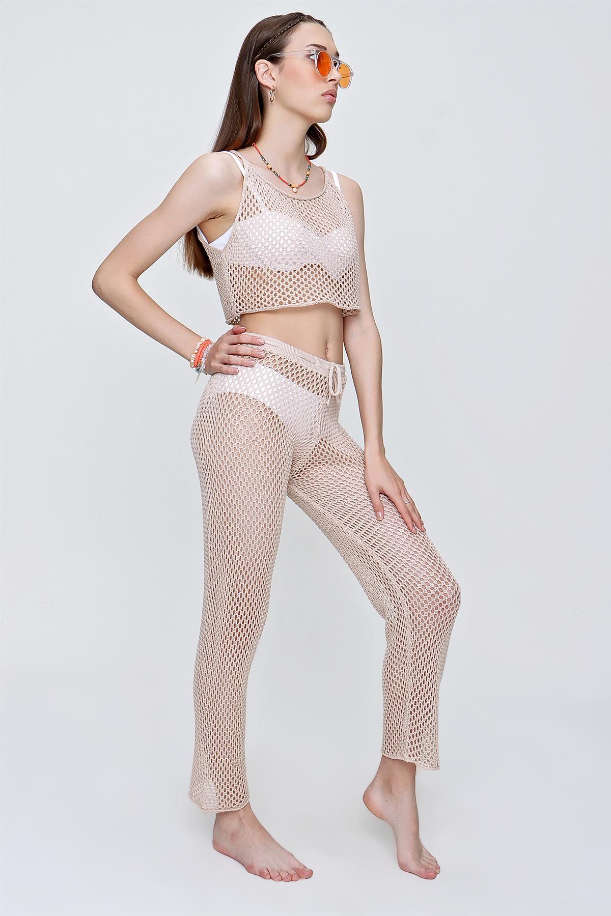 Chuba Kadın Triko Pantolon-Crop Plaj Takımı Bej 22SW361