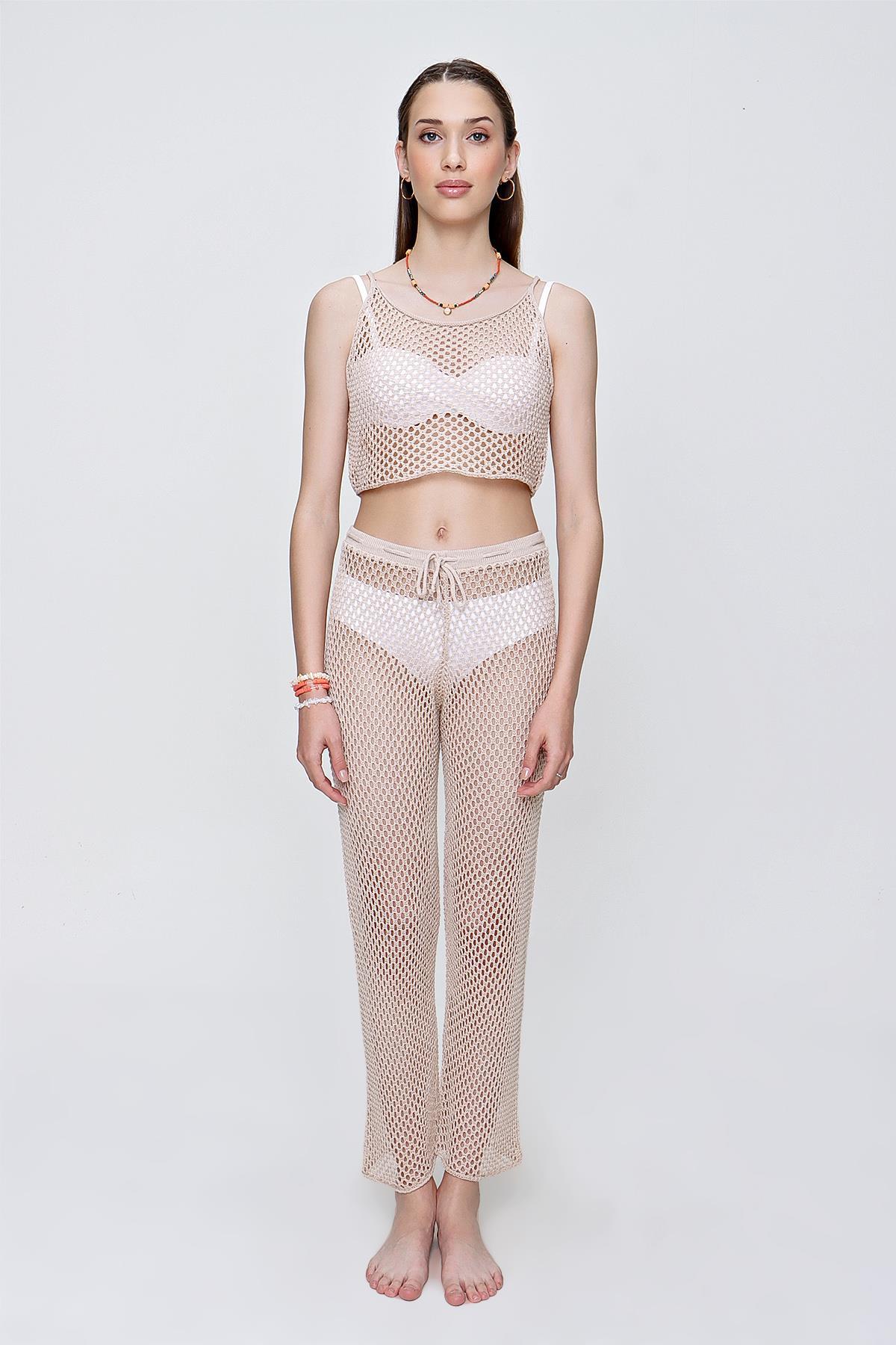 Chuba Kadın Triko Pantolon-Crop Plaj Takımı Bej 22SW361