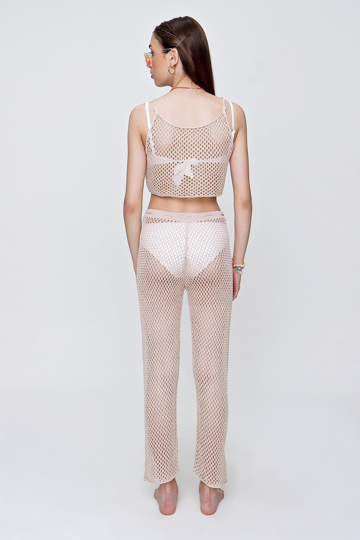 Chuba Kadın Triko Pantolon-Crop Plaj Takımı Bej 22SW361
