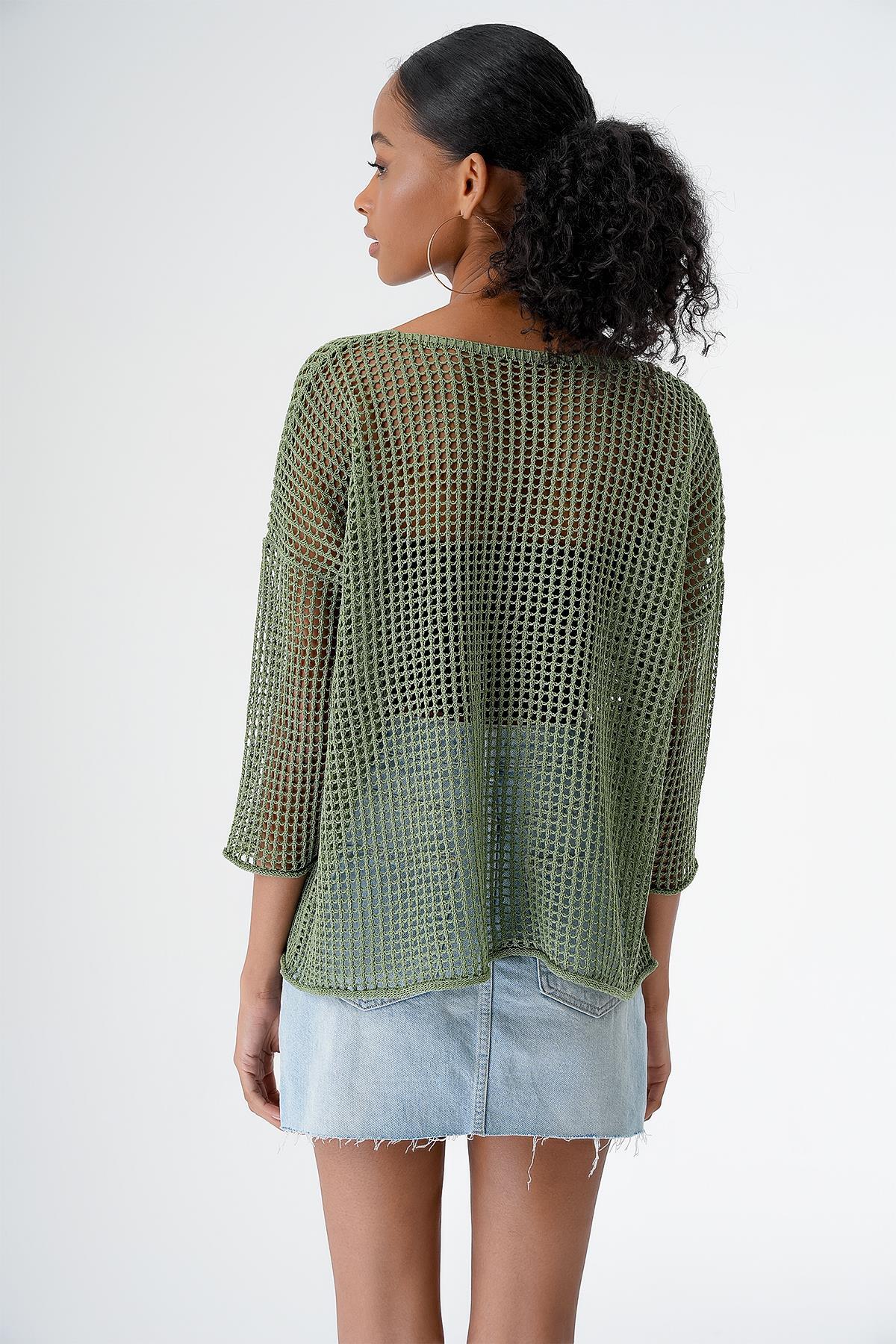 Chuba Kadın V Yaka Ajurlu Transparan Triko Bluz  Yeşil 24S154