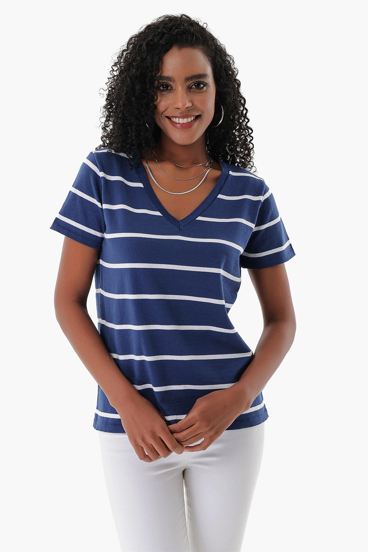 Chuba Kadın V Yaka İnce Çizgili Pamuklu Marin Triko T-Shirt Navy-Beyaz 23S1007