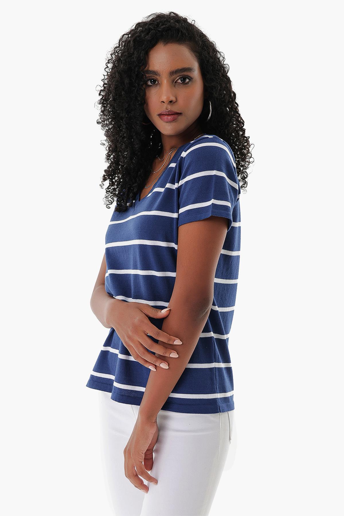 Chuba Kadın V Yaka İnce Çizgili Pamuklu Marin Triko T-Shirt Navy-Beyaz 23S1007