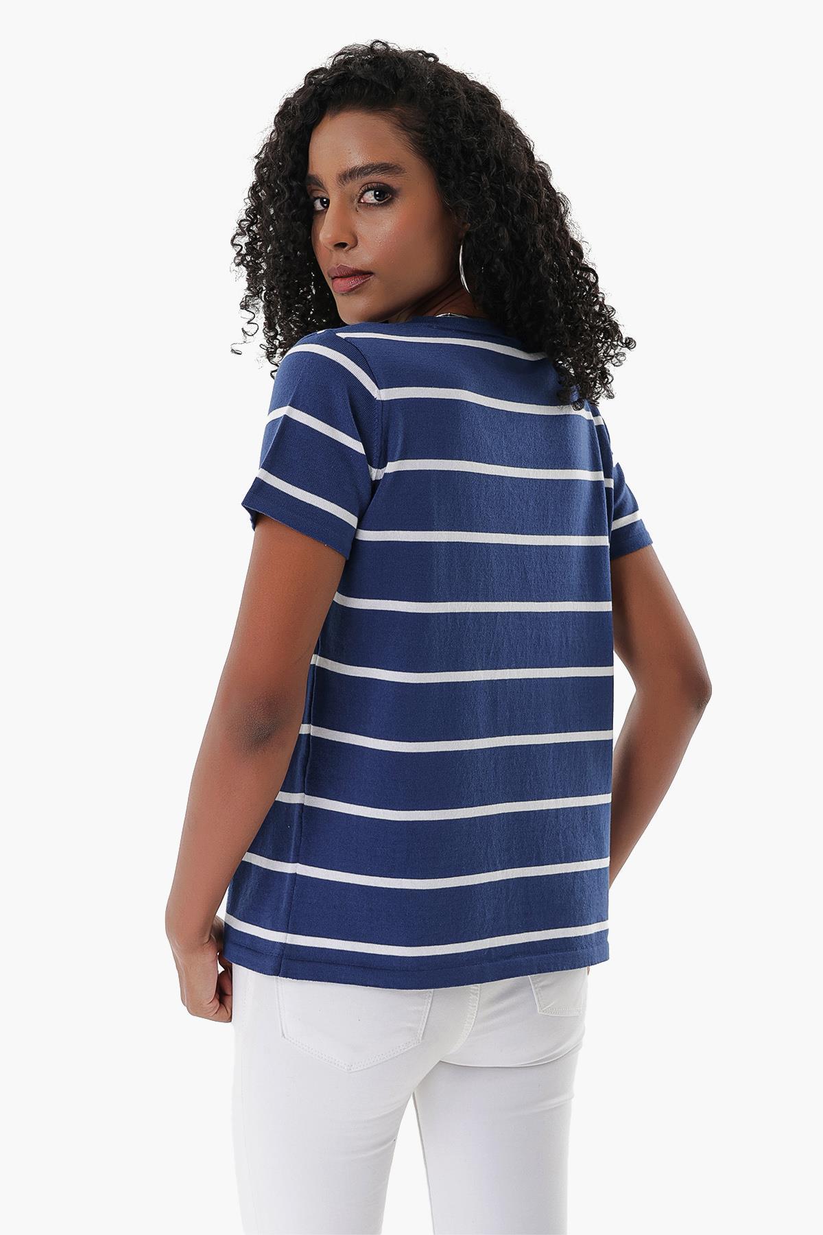 Chuba Kadın V Yaka İnce Çizgili Pamuklu Marin Triko T-Shirt Navy-Beyaz 23S1007