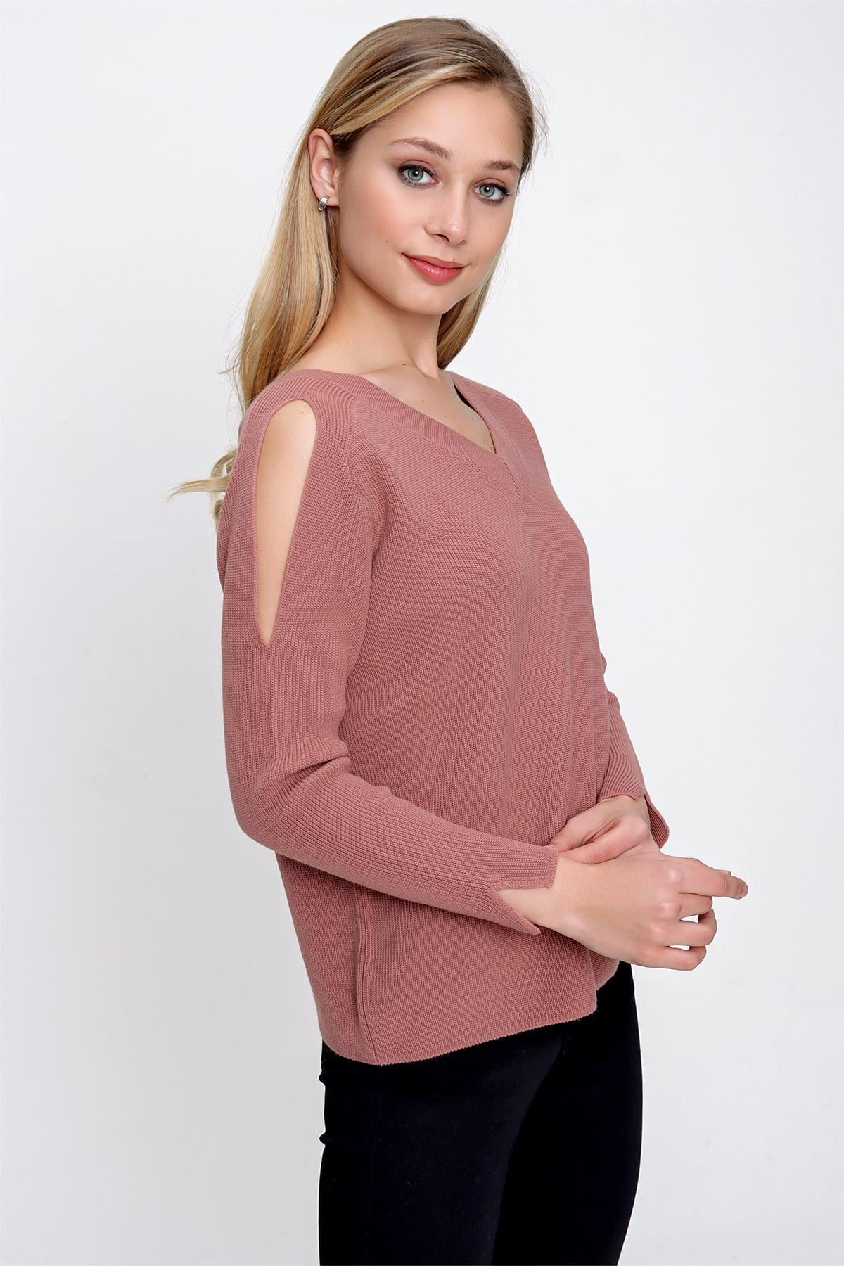 kosa品 Chuba Kadın V yaka Omuz Detaylı Triko Kazak Gül Kurusu 22WK253