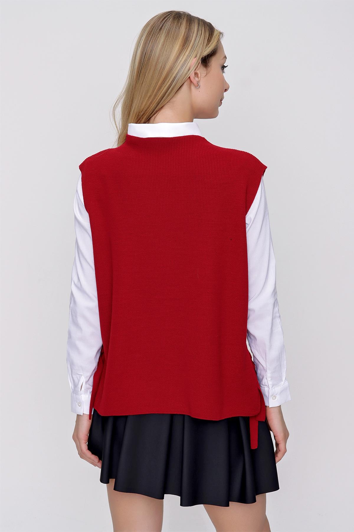 Chuba Kadın Yandan Bağlamalı Triko Süveter Kırmızı 22WK252