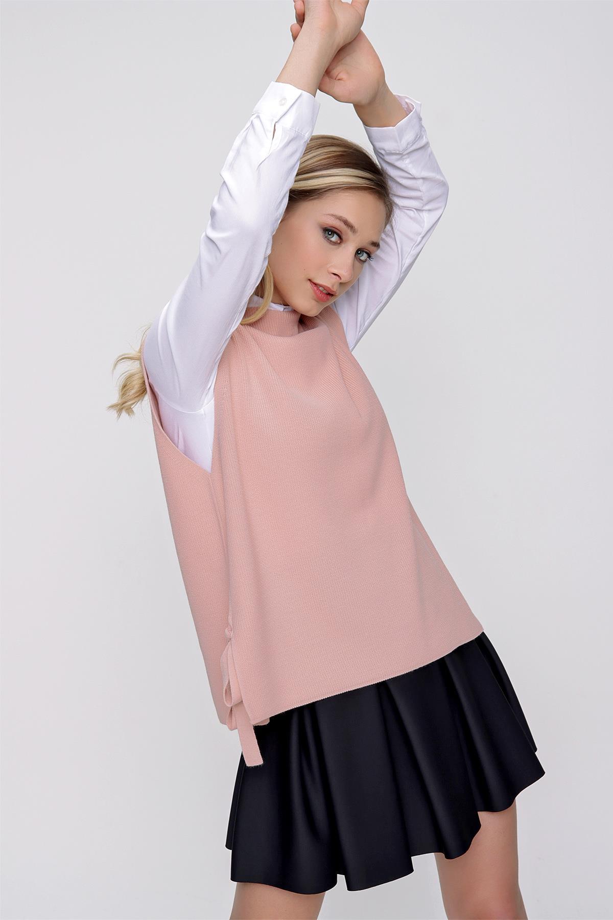 Chuba Kadın Yandan Bağlamalı Triko Süveter Pudra 22WK252