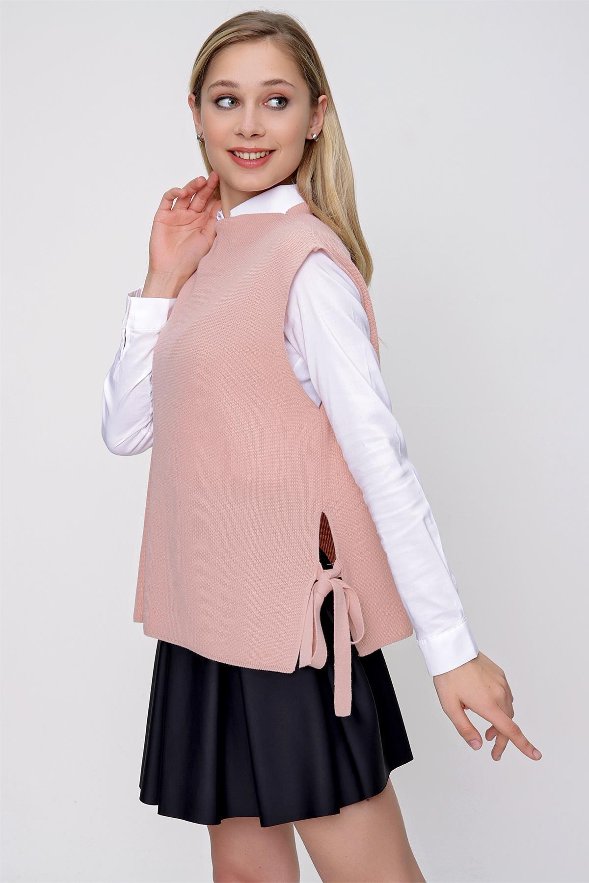 Chuba Kadın Yandan Bağlamalı Triko Süveter Pudra 22WK252