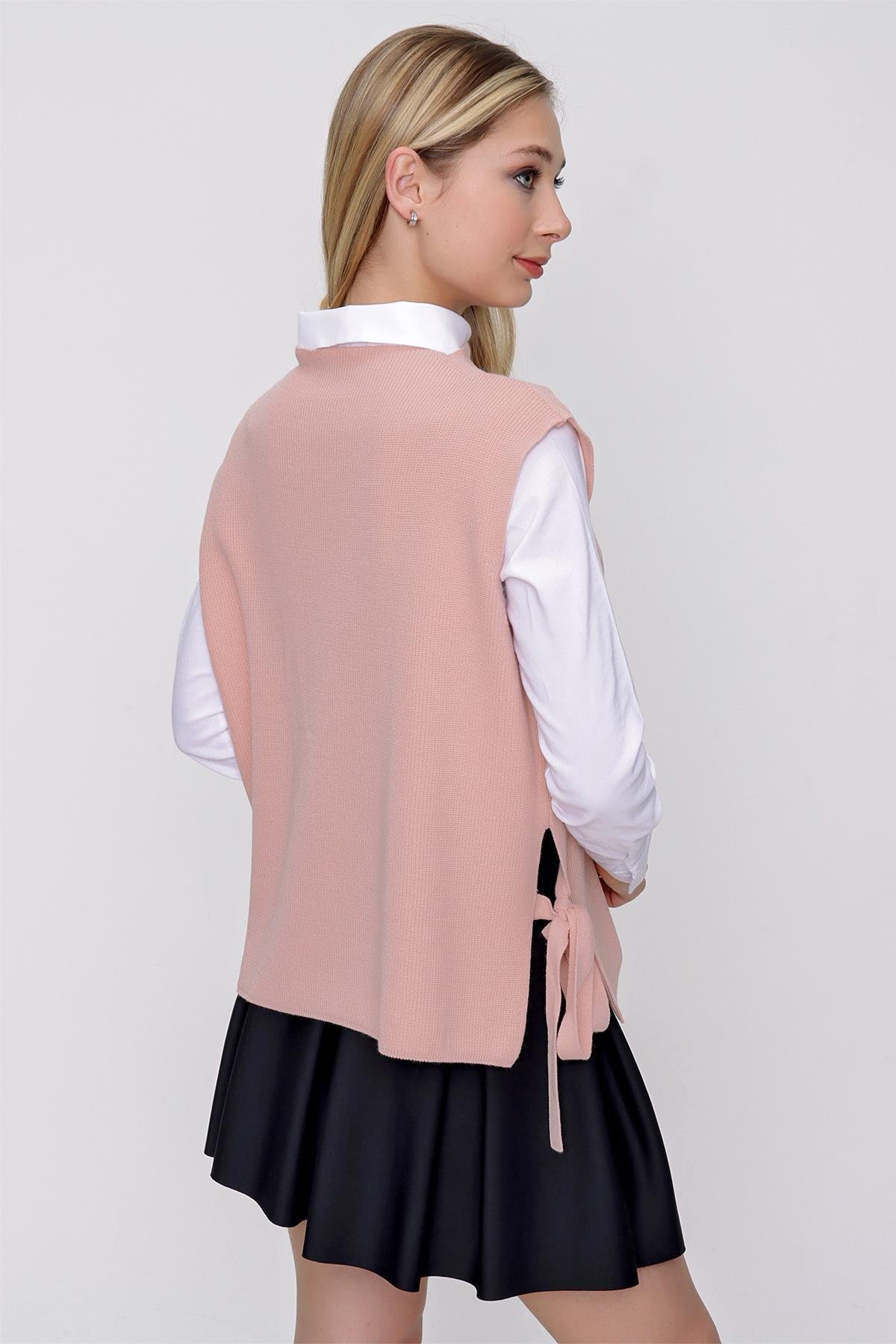 Chuba Kadın Yandan Bağlamalı Triko Süveter Pudra 22WK252