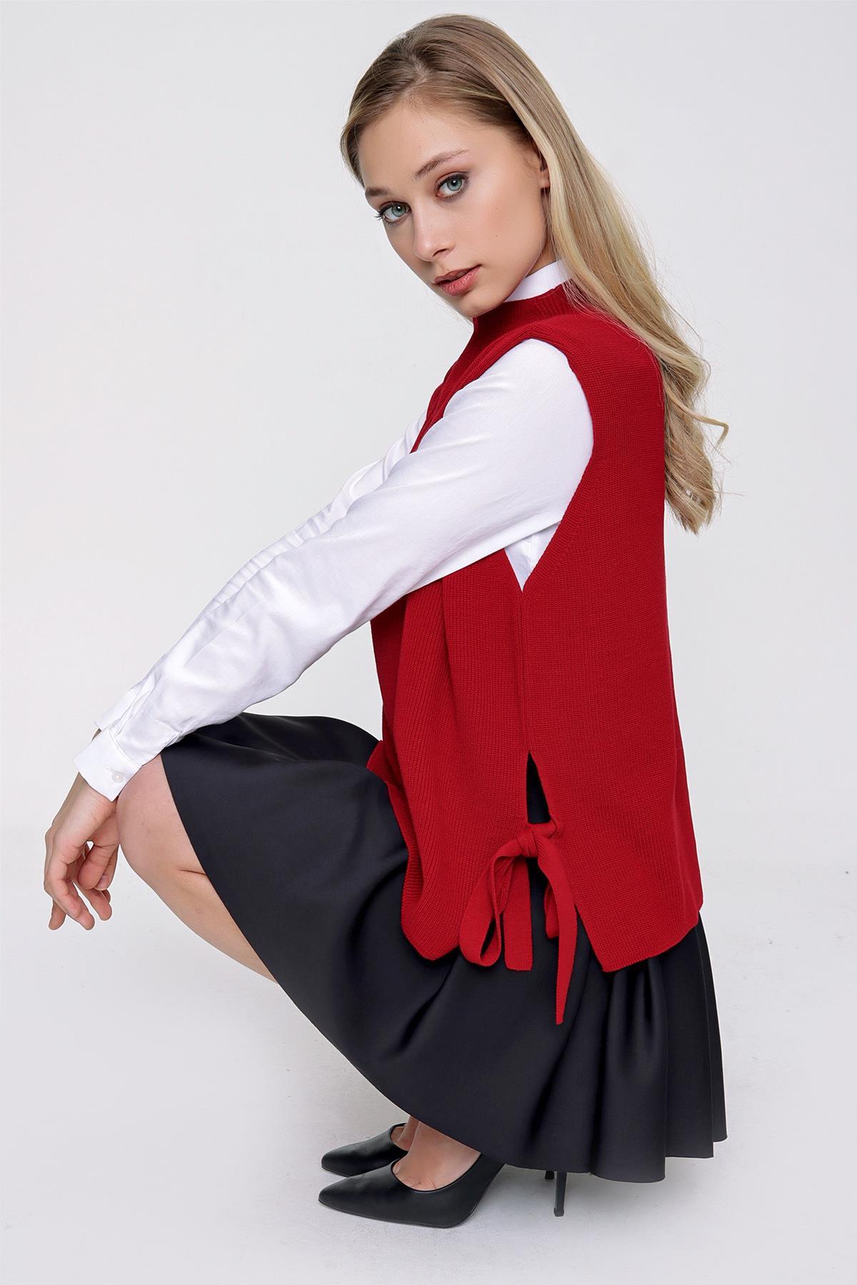 Chuba Kadın Yandan Bağlamalı Triko Süveter Kırmızı 22WK252