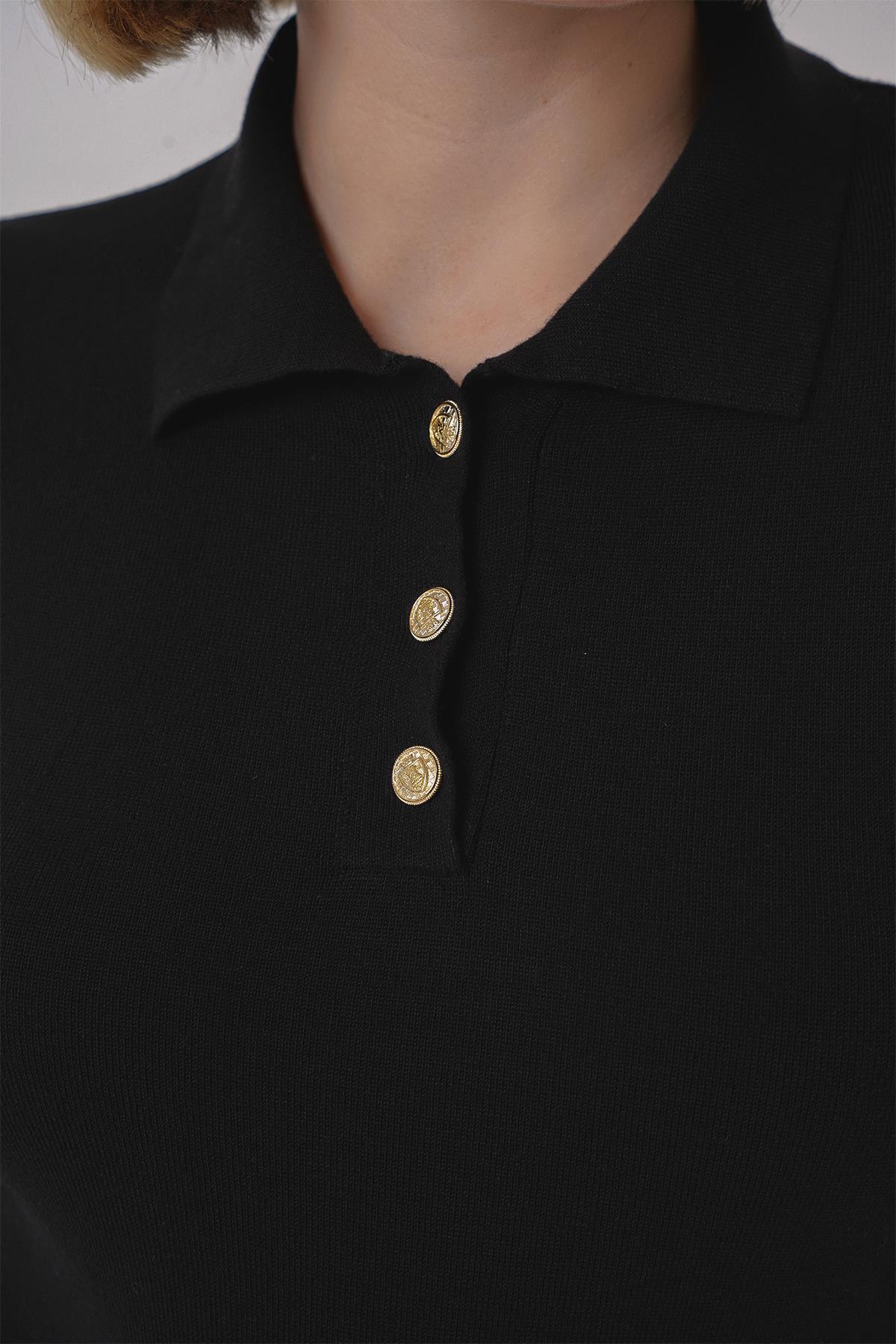 Chuba Kadın Yumuşak Dokulu Gold Düğmeli Polo Yaka Triko Kazak Siyah 25W3012