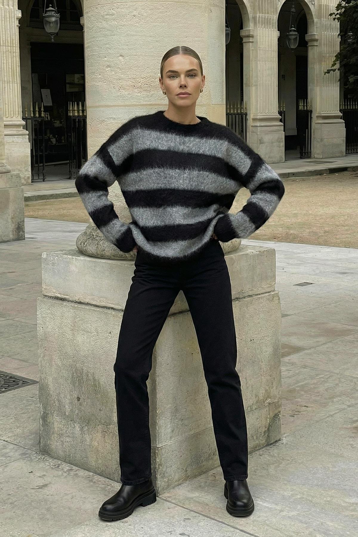 Chuba Premium Kadın Oversize Moher Yün Çizgili Kazak Siyah-Gri 26W3039