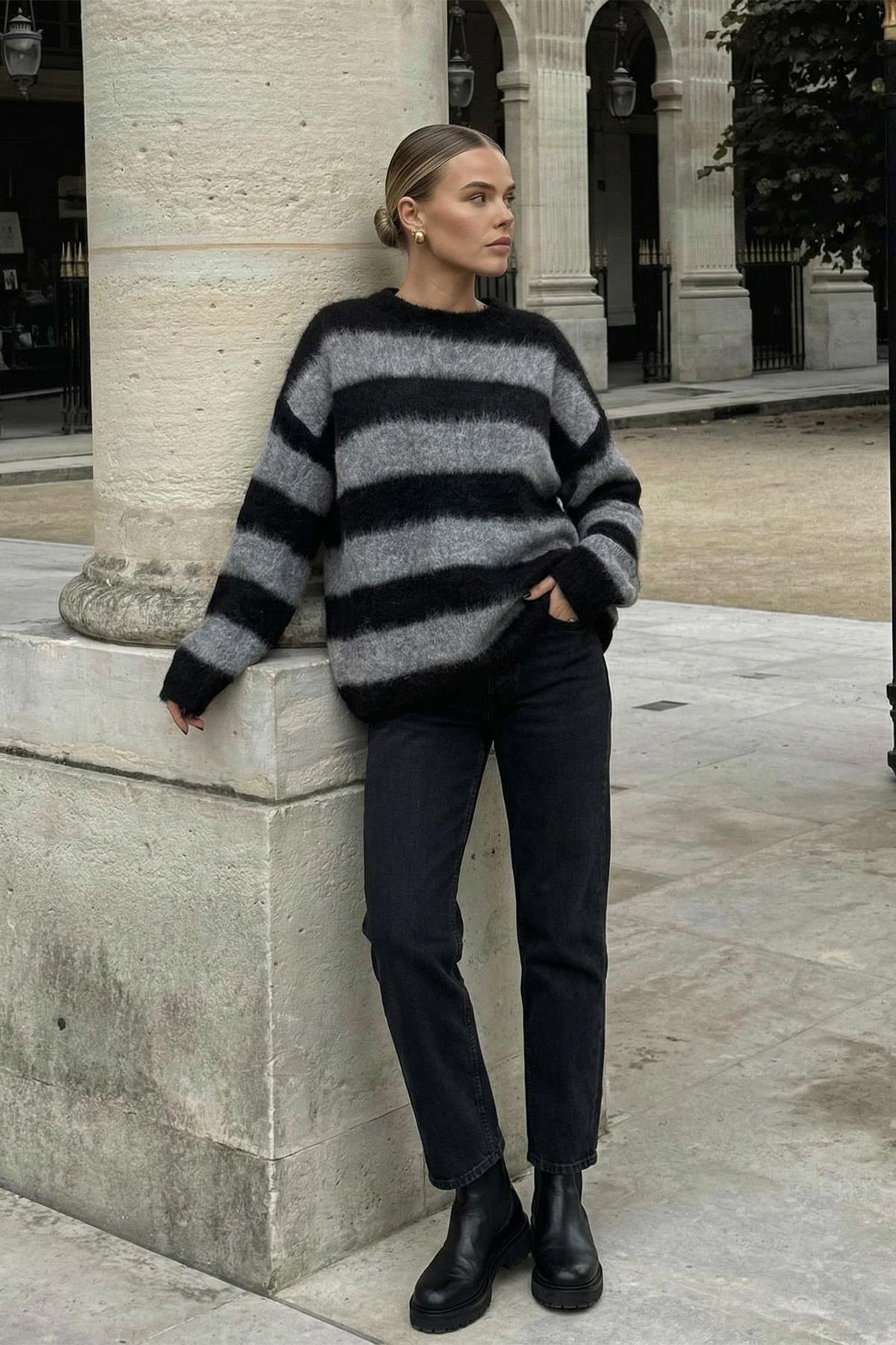 Chuba Premium Kadın Oversize Moher Yün Çizgili Kazak Siyah-Gri 26W3039