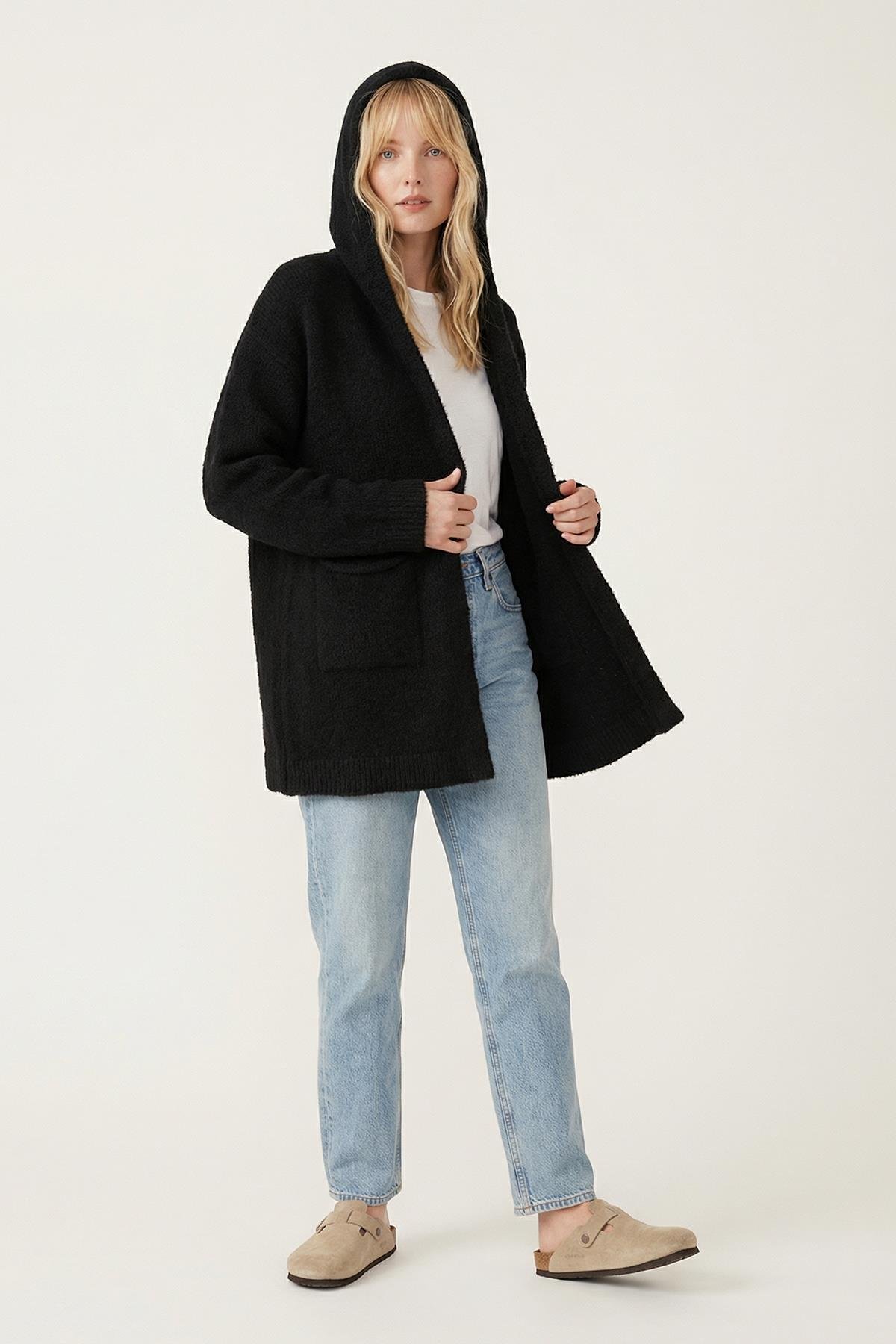 Chuba Premium Kadın Rahat Kalıp Moher Yün Kapüşonlu Hırka Siyah 26W3040