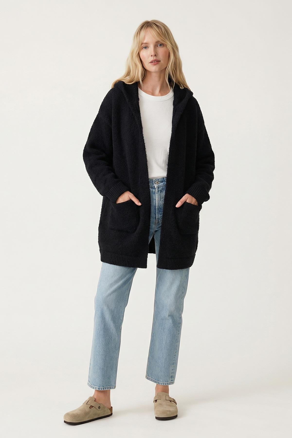 Chuba Premium Kadın Rahat Kalıp Moher Yün Kapüşonlu Hırka Siyah 26W3040