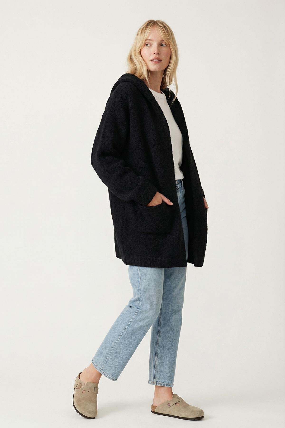 Chuba Premium Kadın Rahat Kalıp Moher Yün Kapüşonlu Hırka Siyah 26W3040