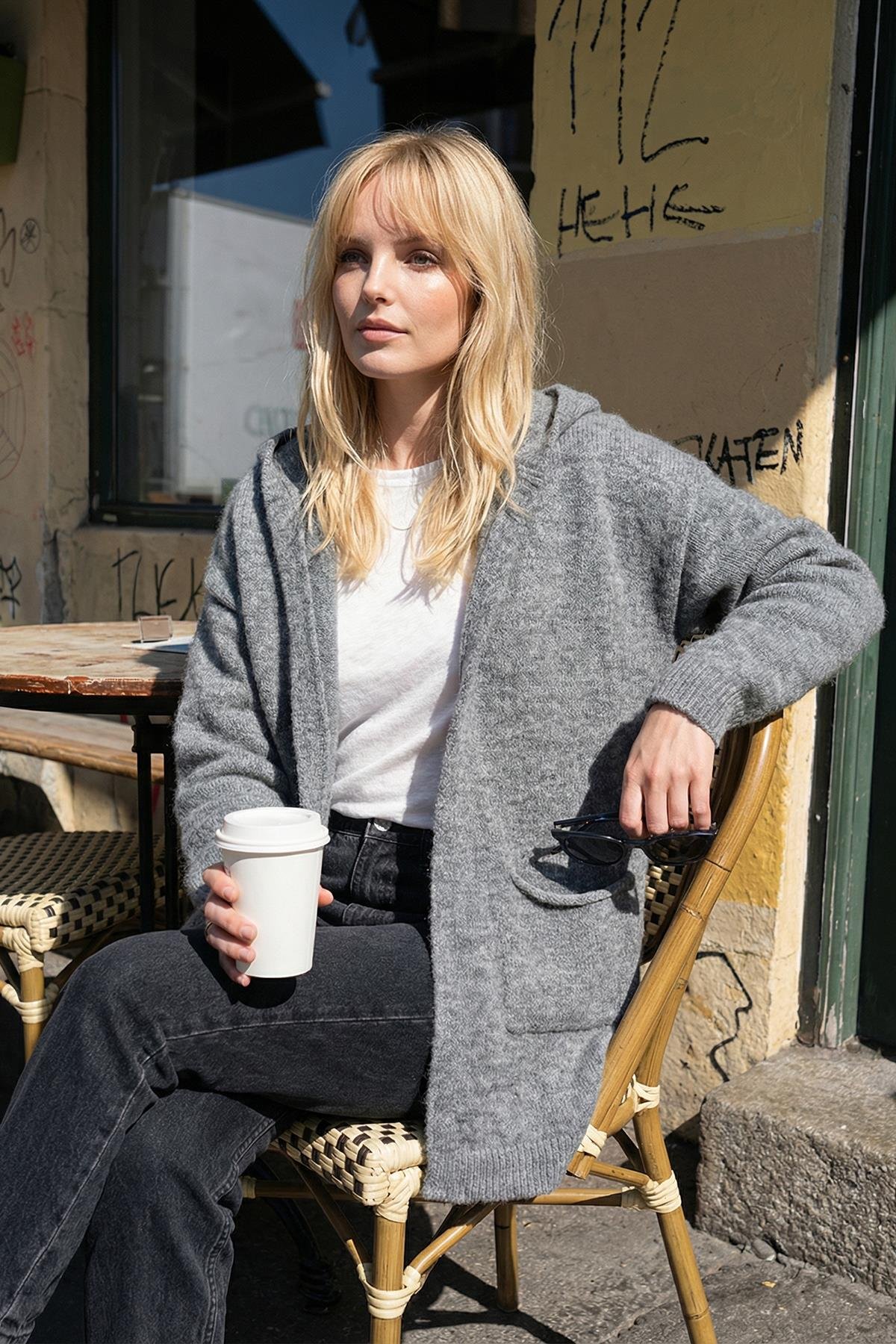 Chuba Premium Kadın Rahat Kalıp Moher Yün Kapüşonlu Hırka Koyu Gri 26W3040