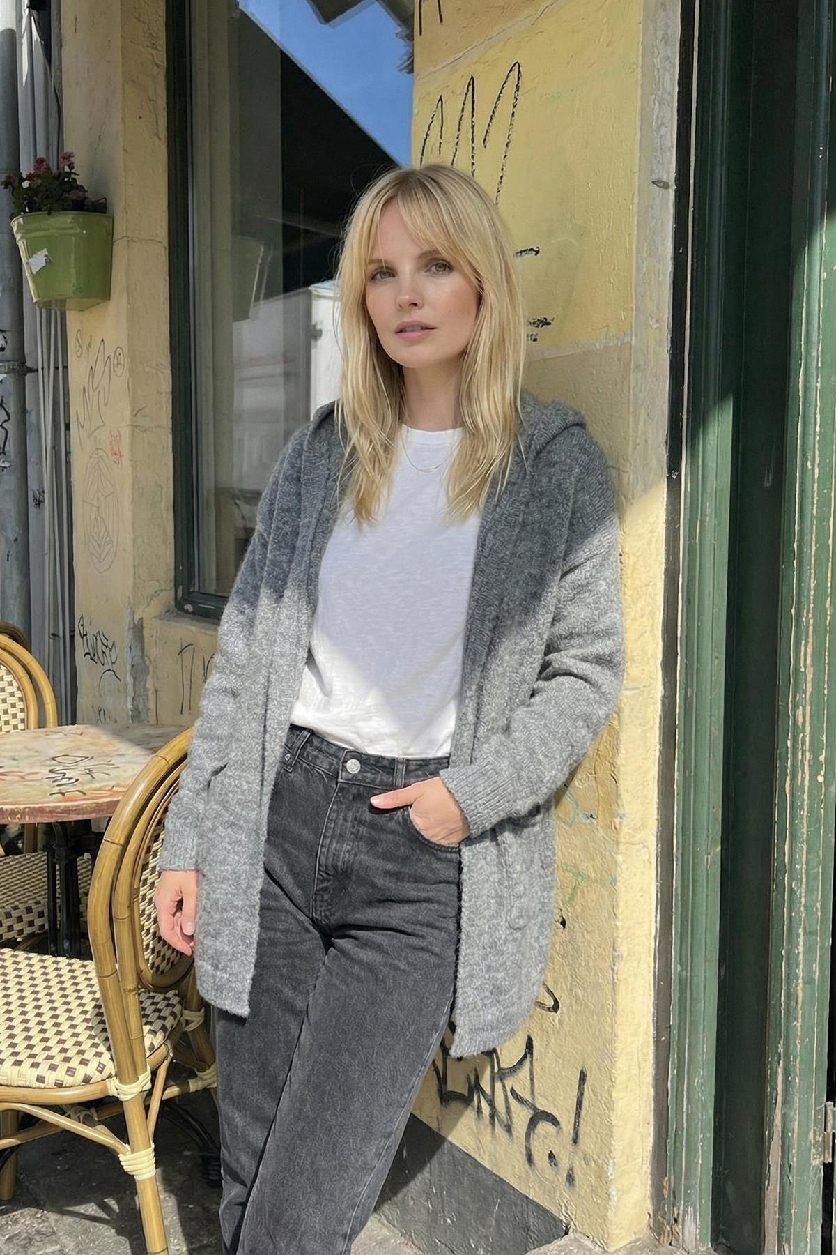 Chuba Premium Kadın Rahat Kalıp Moher Yün Kapüşonlu Hırka Koyu Gri 26W3040