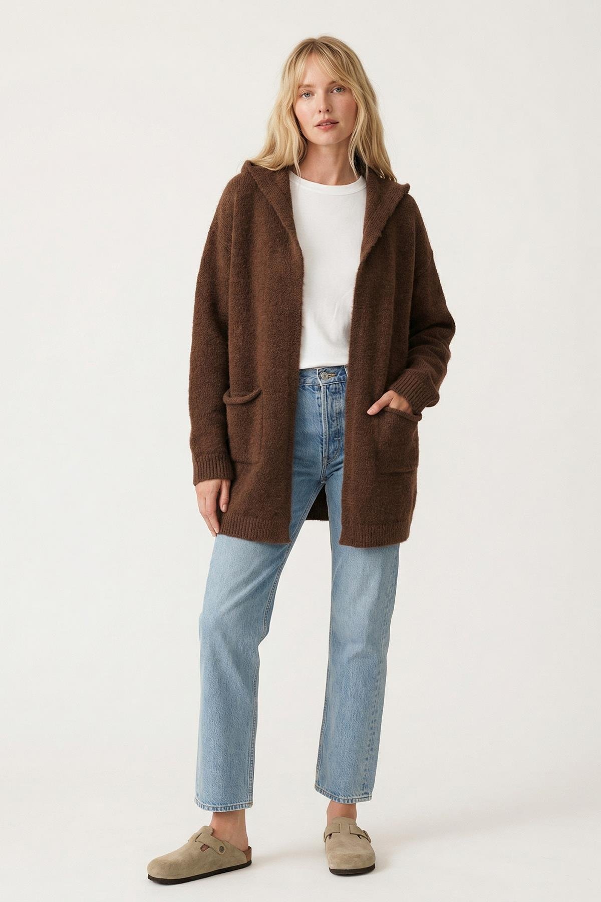 Chuba Premium Kadın Rahat Kalıp Moher Yün Kapüşonlu Hırka Kahve 26W3040